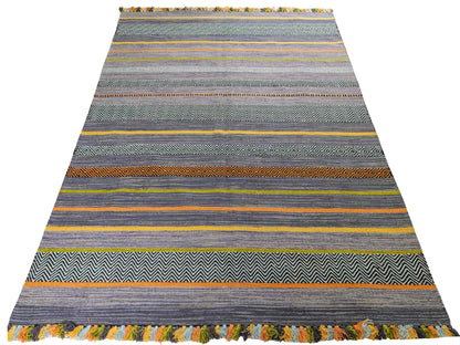 Handgewebter, moderner Indo Kelim Orientteppich von Khademi aus Baumwolle, navy, mehrfarbig. Geometrisches Design. Von Hand gewebt in Indien. Größe: 230x170cm. Teppichnummer: KB4-1682. Verkauf durch Jupiter Intl.