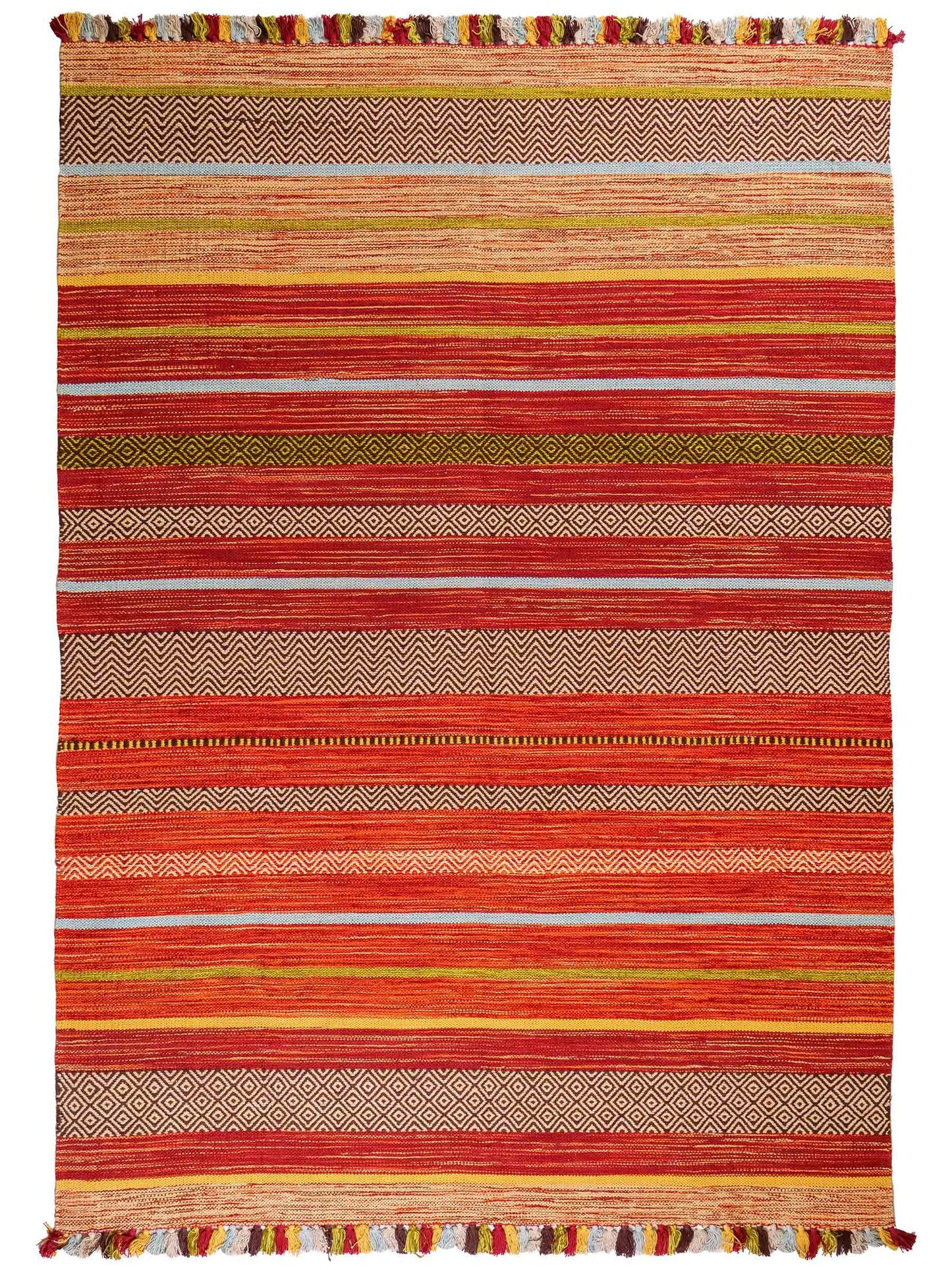 Handgewebter, moderner Indo Kelim Orientteppich von Khademi aus Baumwolle, rot, mehrfarbig. Geometrisches Design. Von Hand gewebt in Indien. Größe: 230x170cm. Teppichnummer: KB4-1683. Verkauf durch Jupiter Intl.