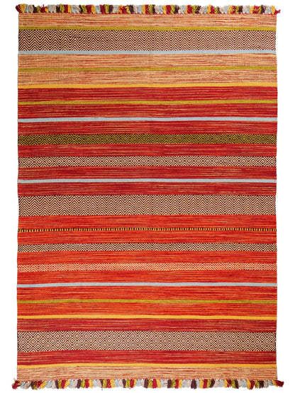 Handgewebter, moderner Indo Kelim Orientteppich von Khademi aus Baumwolle, rot, mehrfarbig. Geometrisches Design. Von Hand gewebt in Indien. Größe: 230x170cm. Teppichnummer: KB4-1683. Verkauf durch Jupiter Intl.