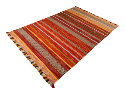 Handgewebter, moderner Indo Kelim Orientteppich von Khademi aus Baumwolle, rot, mehrfarbig. Geometrisches Design. Von Hand gewebt in Indien. Größe: 230x170cm. Teppichnummer: KB4-1683. Verkauf durch Jupiter Intl.