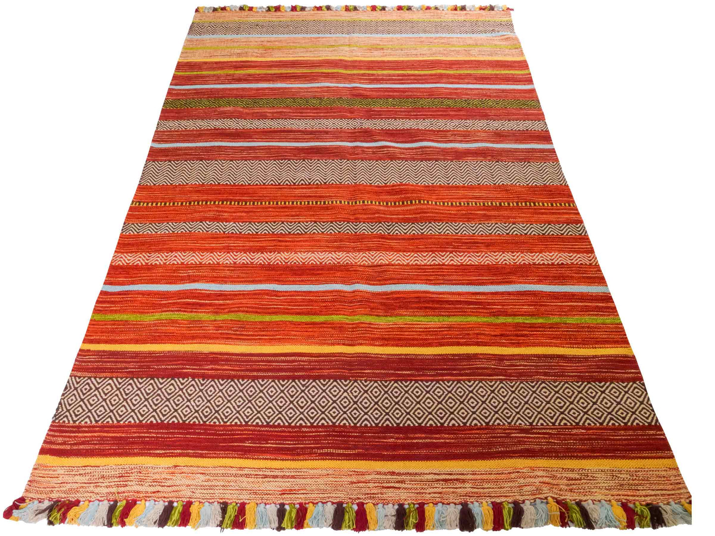 Handgewebter, moderner Indo Kelim Orientteppich von Khademi aus Baumwolle, rot, mehrfarbig. Geometrisches Design. Von Hand gewebt in Indien. Größe: 230x170cm. Teppichnummer: KB4-1683. Verkauf durch Jupiter Intl.