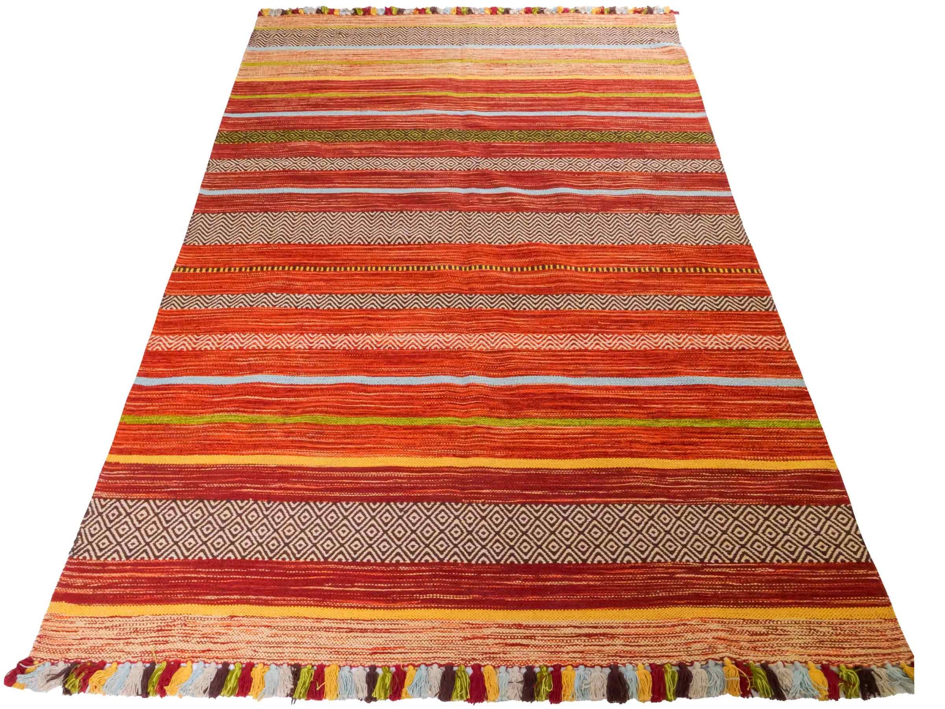 Handgewebter, moderner Indo Kelim Orientteppich von Khademi aus Baumwolle, rot, mehrfarbig. Geometrisches Design. Von Hand gewebt in Indien. Größe: 230x170cm. Teppichnummer: KB4-1683. Verkauf durch Jupiter Intl.