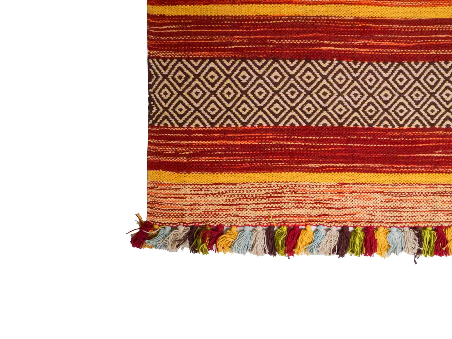 Handgewebter, moderner Indo Kelim Orientteppich von Khademi aus Baumwolle, rot, mehrfarbig. Geometrisches Design. Von Hand gewebt in Indien. Größe: 230x170cm. Teppichnummer: KB4-1683. Verkauf durch Jupiter Intl.