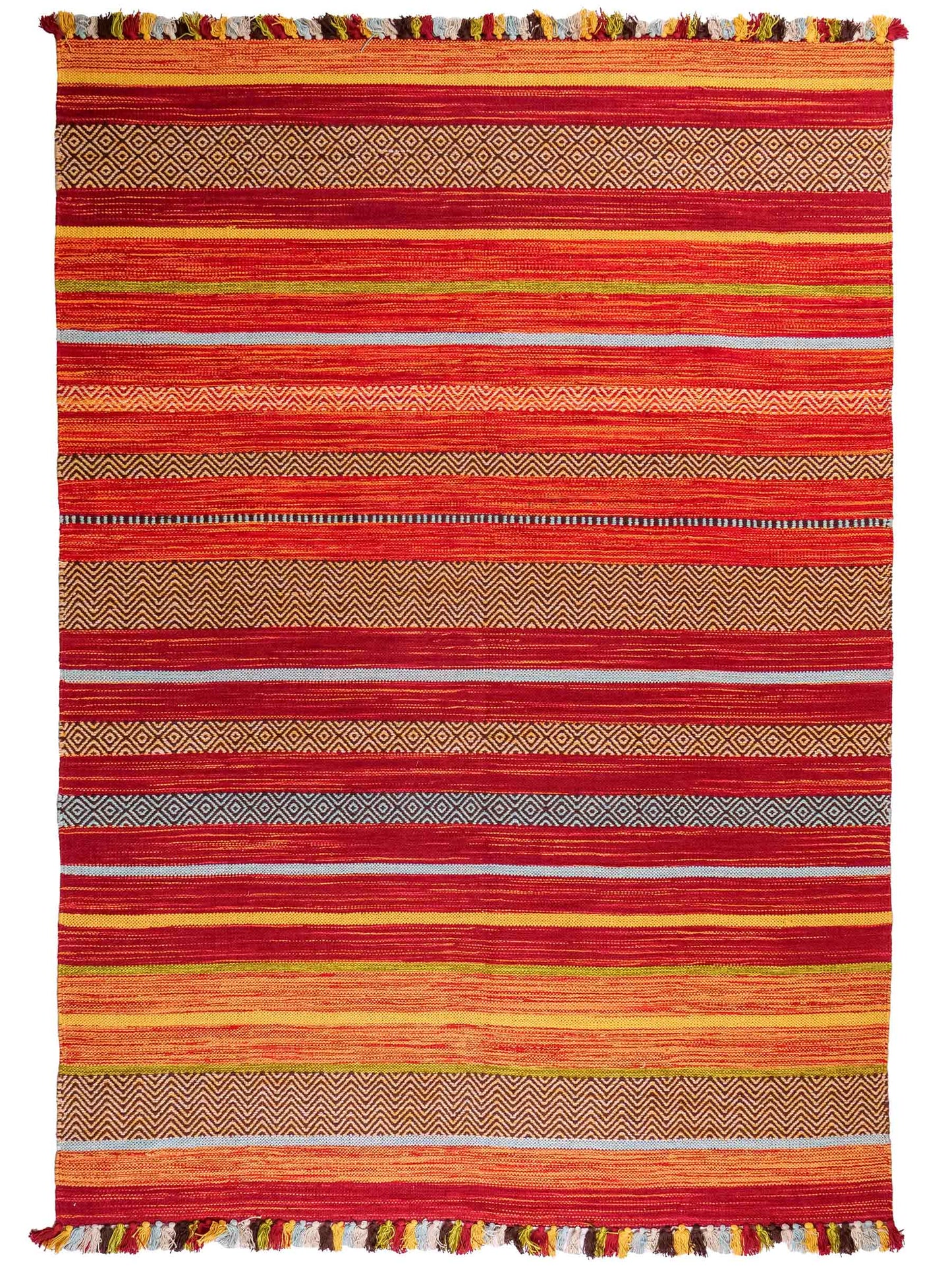 Handgewebter, moderner Indo Kelim Orientteppich von Khademi aus Baumwolle, rot, mehrfarbig. Geometrisches Design. Von Hand gewebt in Indien. Größe: 230x170cm. Teppichnummer: KB4-1684. Verkauf durch Jupiter Intl.