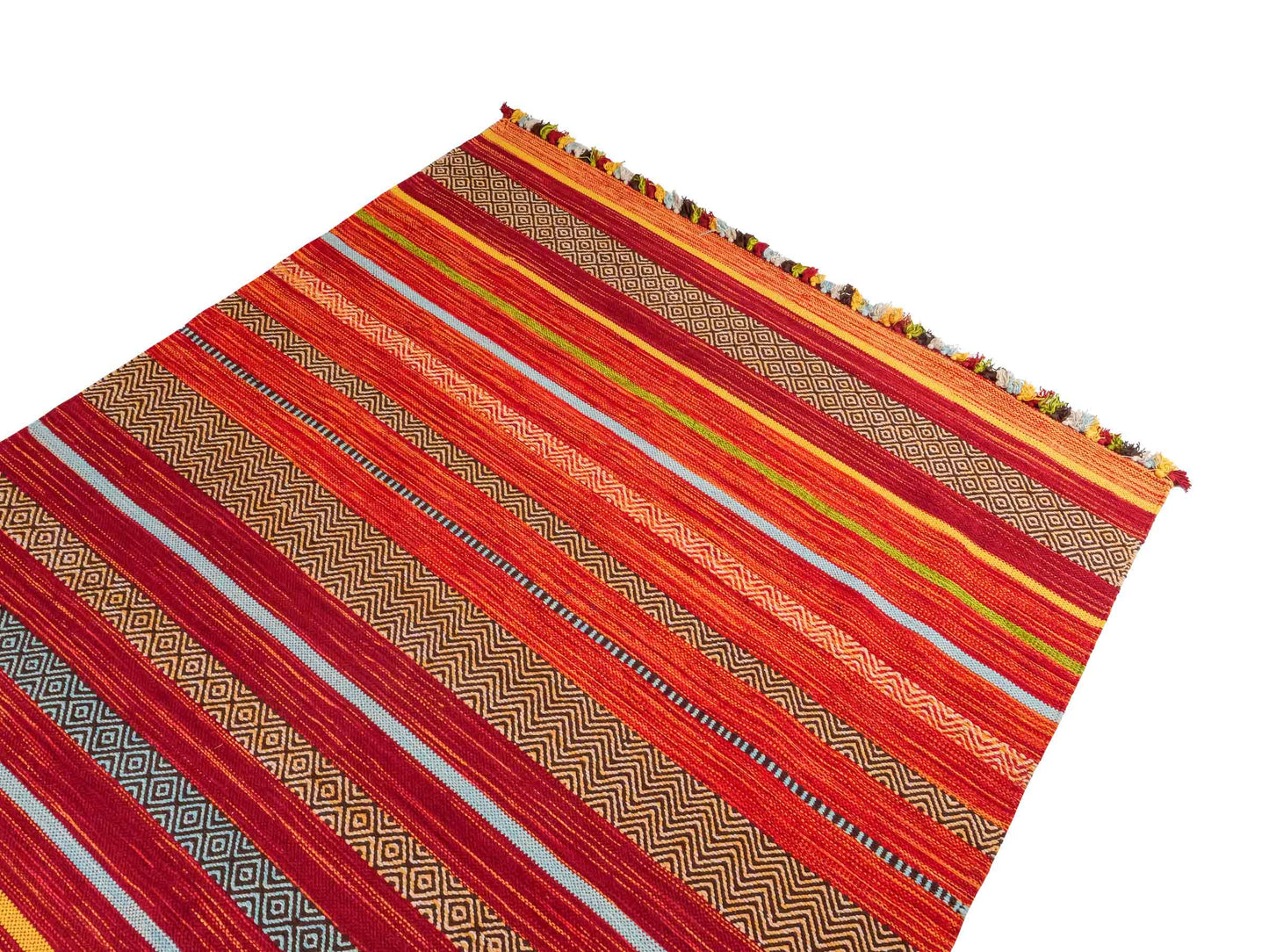 Handgewebter, moderner Indo Kelim Orientteppich von Khademi aus Baumwolle, rot, mehrfarbig. Geometrisches Design. Von Hand gewebt in Indien. Größe: 230x170cm. Teppichnummer: KB4-1684. Verkauf durch Jupiter Intl.