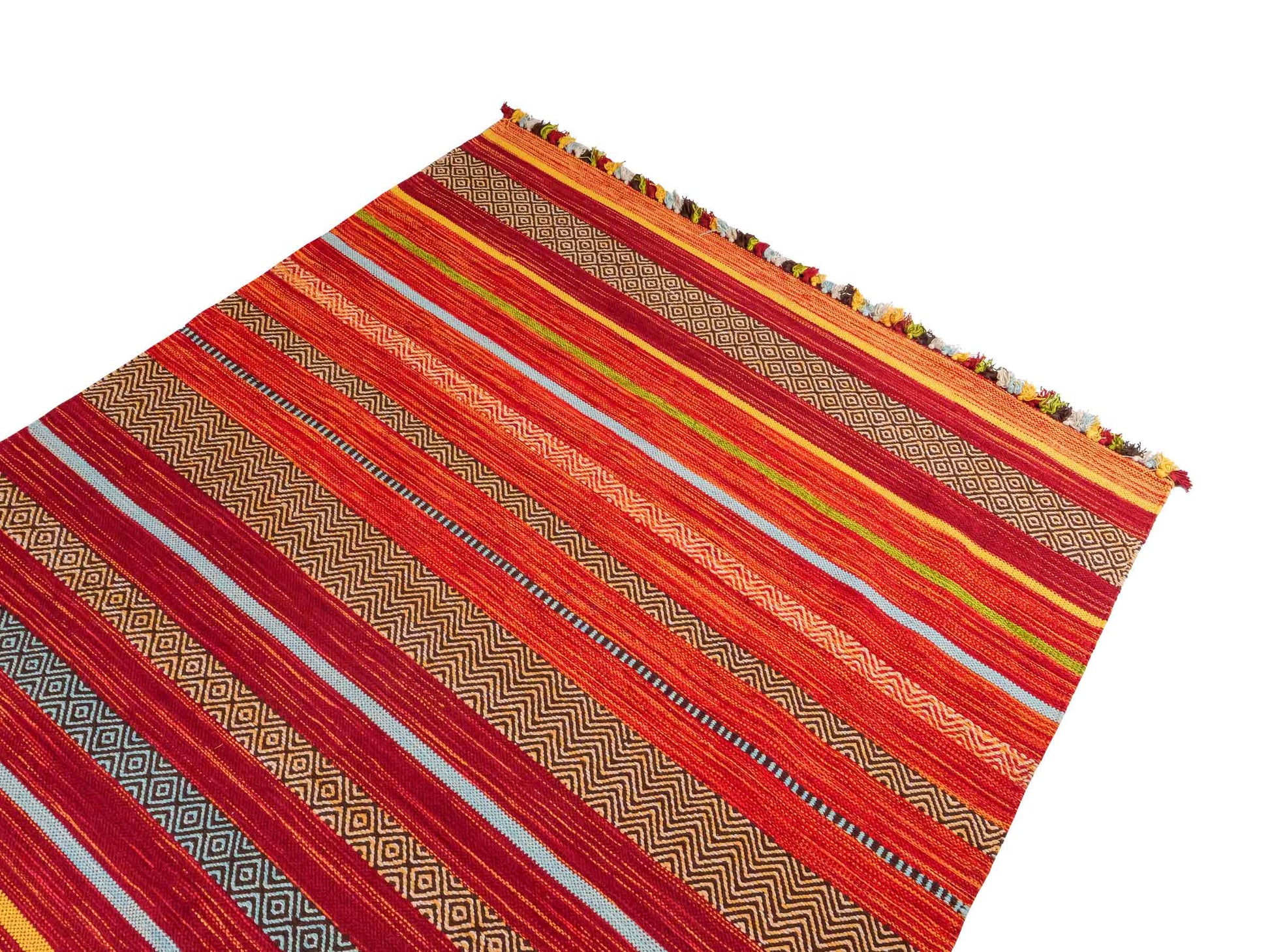 Handgewebter, moderner Indo Kelim Orientteppich von Khademi aus Baumwolle, rot, mehrfarbig. Geometrisches Design. Von Hand gewebt in Indien. Größe: 230x170cm. Teppichnummer: KB4-1684. Verkauf durch Jupiter Intl.