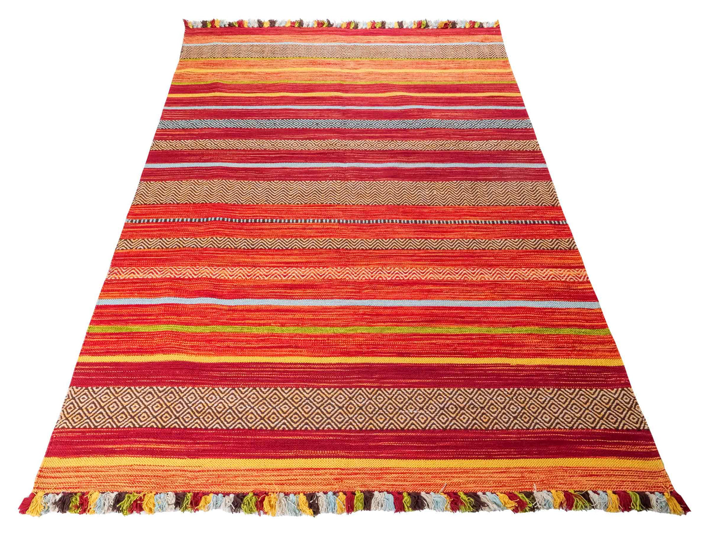 Handgewebter, moderner Indo Kelim Orientteppich von Khademi aus Baumwolle, rot, mehrfarbig. Geometrisches Design. Von Hand gewebt in Indien. Größe: 230x170cm. Teppichnummer: KB4-1684. Verkauf durch Jupiter Intl.