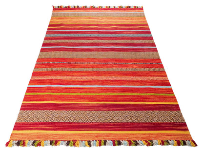 Handgewebter, moderner Indo Kelim Orientteppich von Khademi aus Baumwolle, rot, mehrfarbig. Geometrisches Design. Von Hand gewebt in Indien. Größe: 230x170cm. Teppichnummer: KB4-1684. Verkauf durch Jupiter Intl.