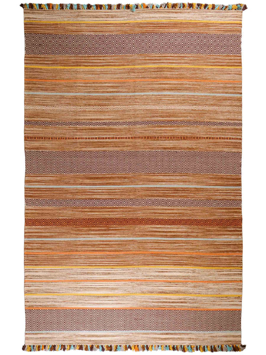 Handgewebter, moderner Indo Kelim Orientteppich von Khademi aus Baumwolle, braun, mehrfarbig. Geometrisches Design. Von Hand gewebt in Indien. Größe: 290x200cm. Teppichnummer: KB4-1693. Verkauf durch Jupiter Intl.