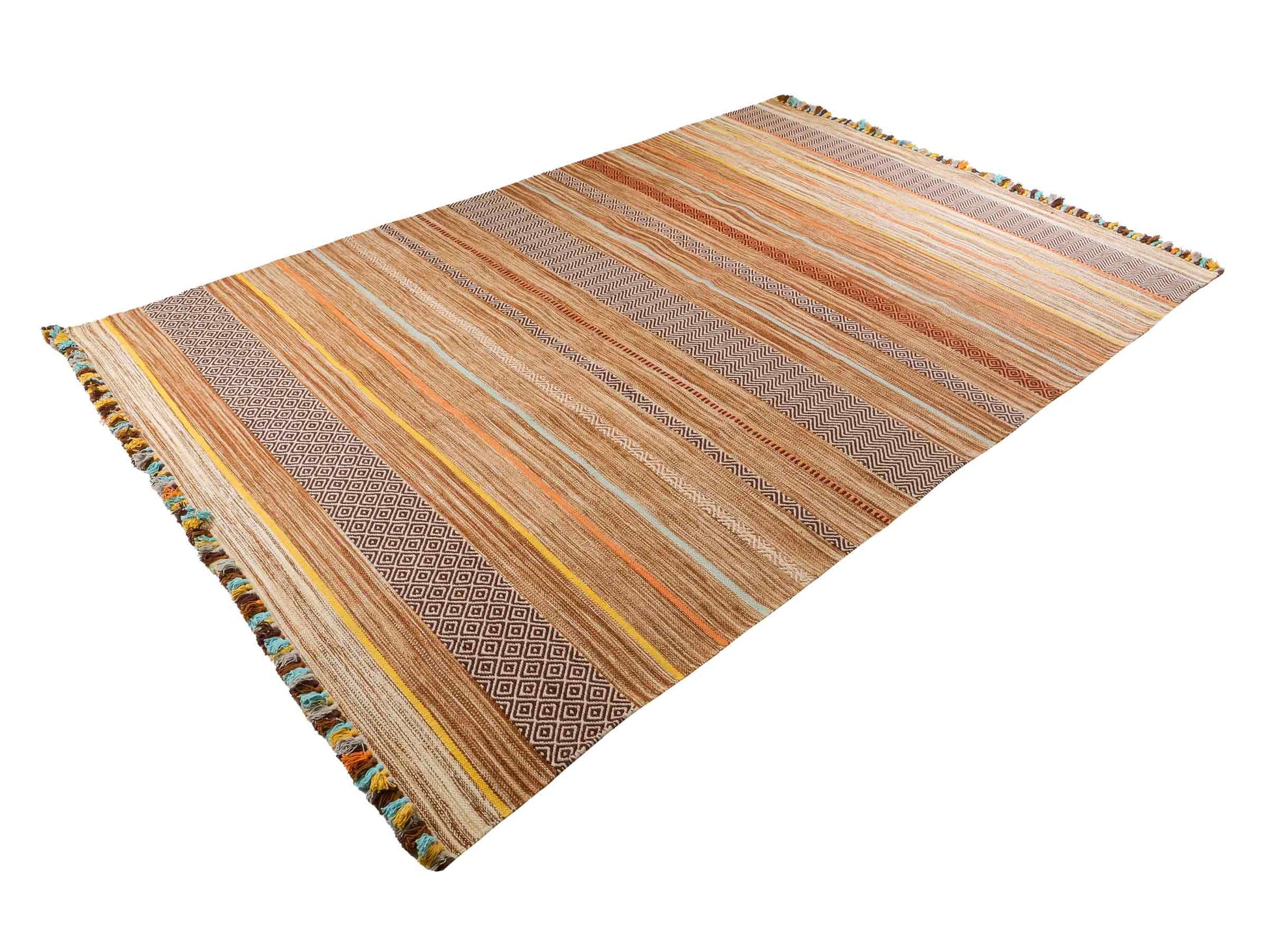 Handgewebter, moderner Indo Kelim Orientteppich von Khademi aus Baumwolle, braun, mehrfarbig. Geometrisches Design. Von Hand gewebt in Indien. Größe: 290x200cm. Teppichnummer: KB4-1693. Verkauf durch Jupiter Intl.