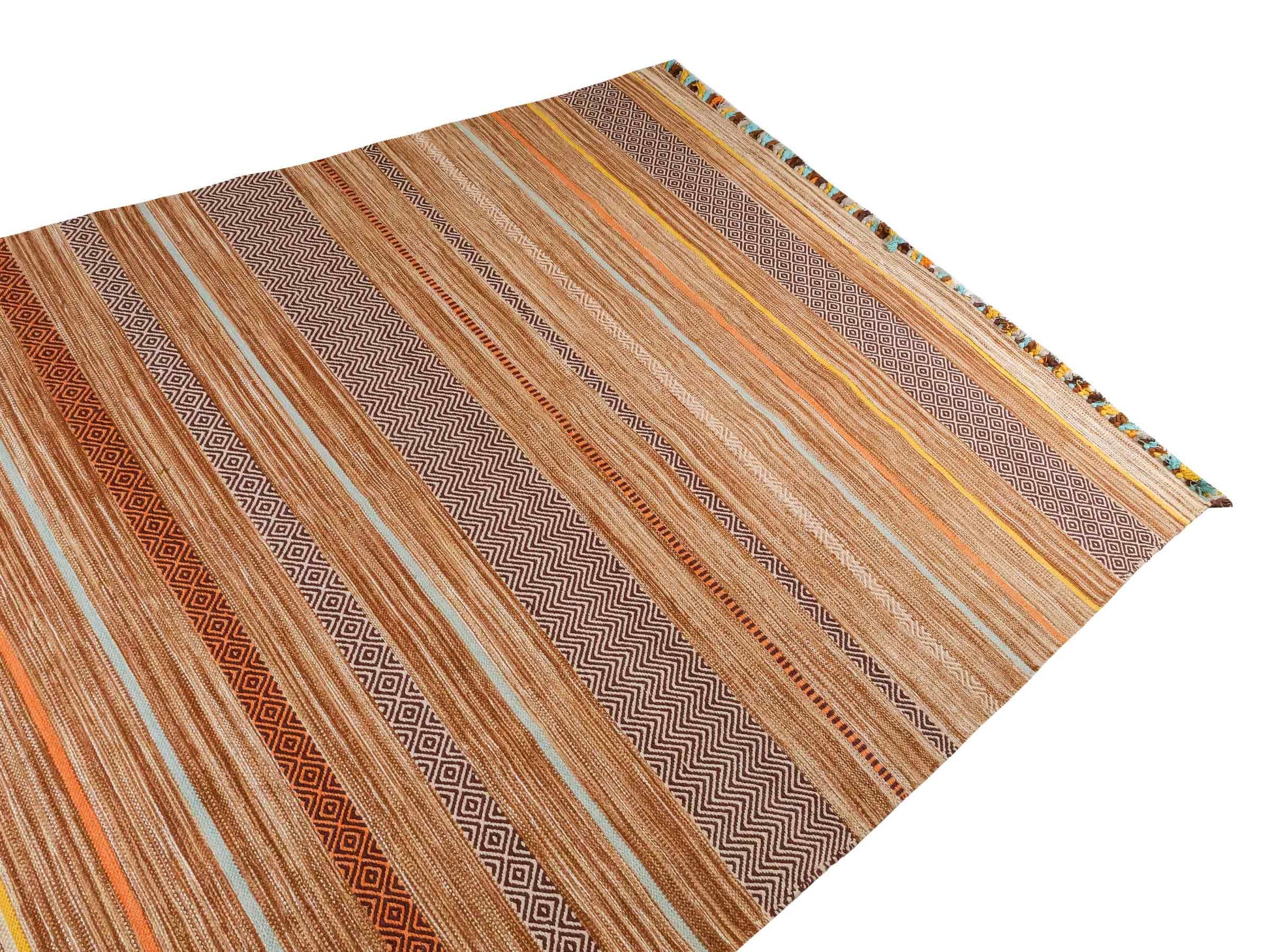 Handgewebter, moderner Indo Kelim Orientteppich von Khademi aus Baumwolle, braun, mehrfarbig. Geometrisches Design. Von Hand gewebt in Indien. Größe: 290x200cm. Teppichnummer: KB4-1693. Verkauf durch Jupiter Intl.