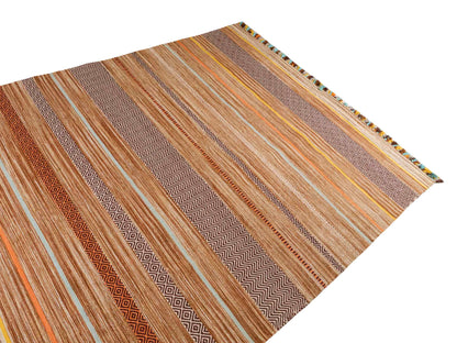 Handgewebter, moderner Indo Kelim Orientteppich von Khademi aus Baumwolle, braun, mehrfarbig. Geometrisches Design. Von Hand gewebt in Indien. Größe: 290x200cm. Teppichnummer: KB4-1693. Verkauf durch Jupiter Intl.