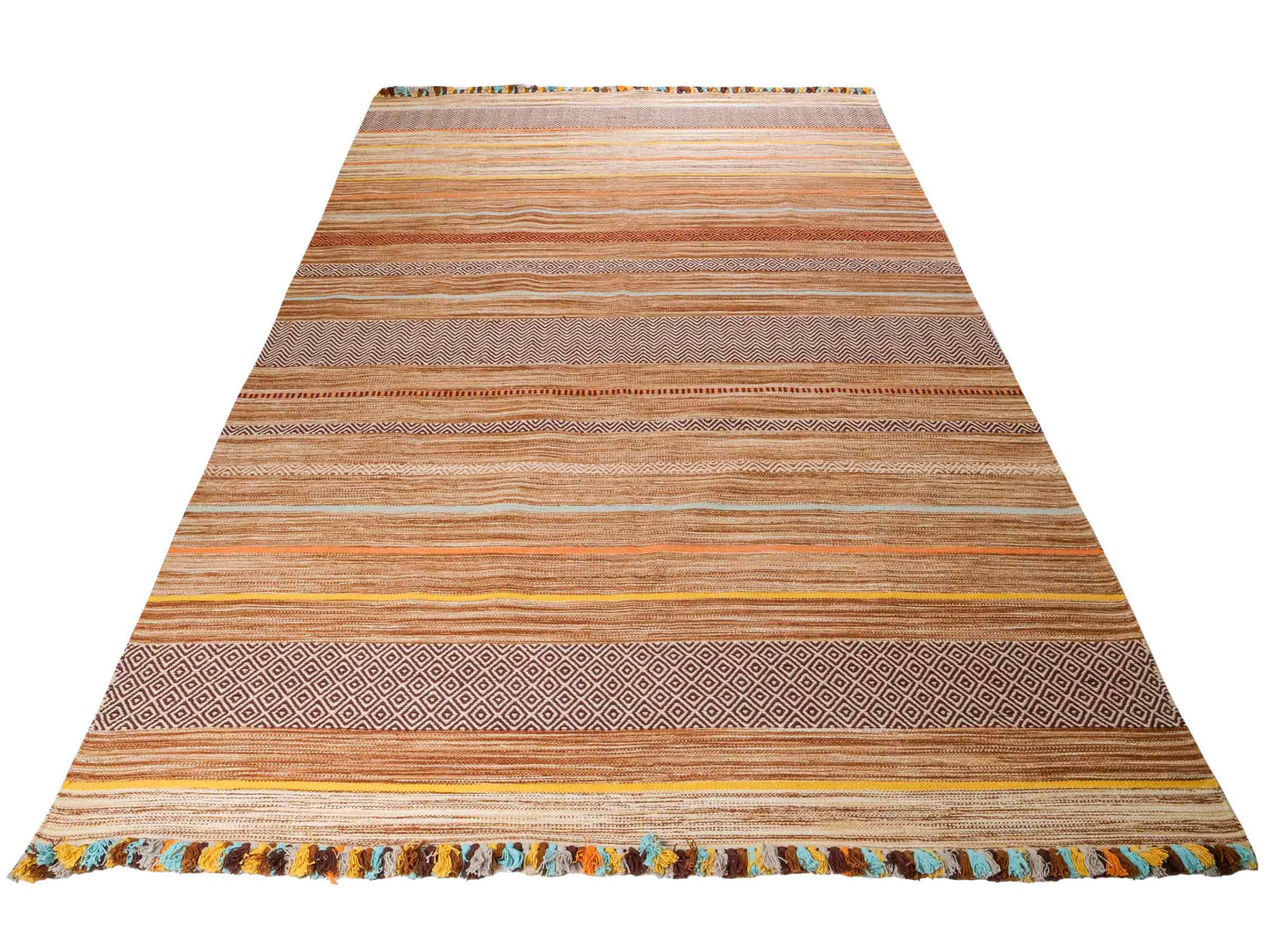 Handgewebter, moderner Indo Kelim Orientteppich von Khademi aus Baumwolle, braun, mehrfarbig. Geometrisches Design. Von Hand gewebt in Indien. Größe: 290x200cm. Teppichnummer: KB4-1693. Verkauf durch Jupiter Intl.