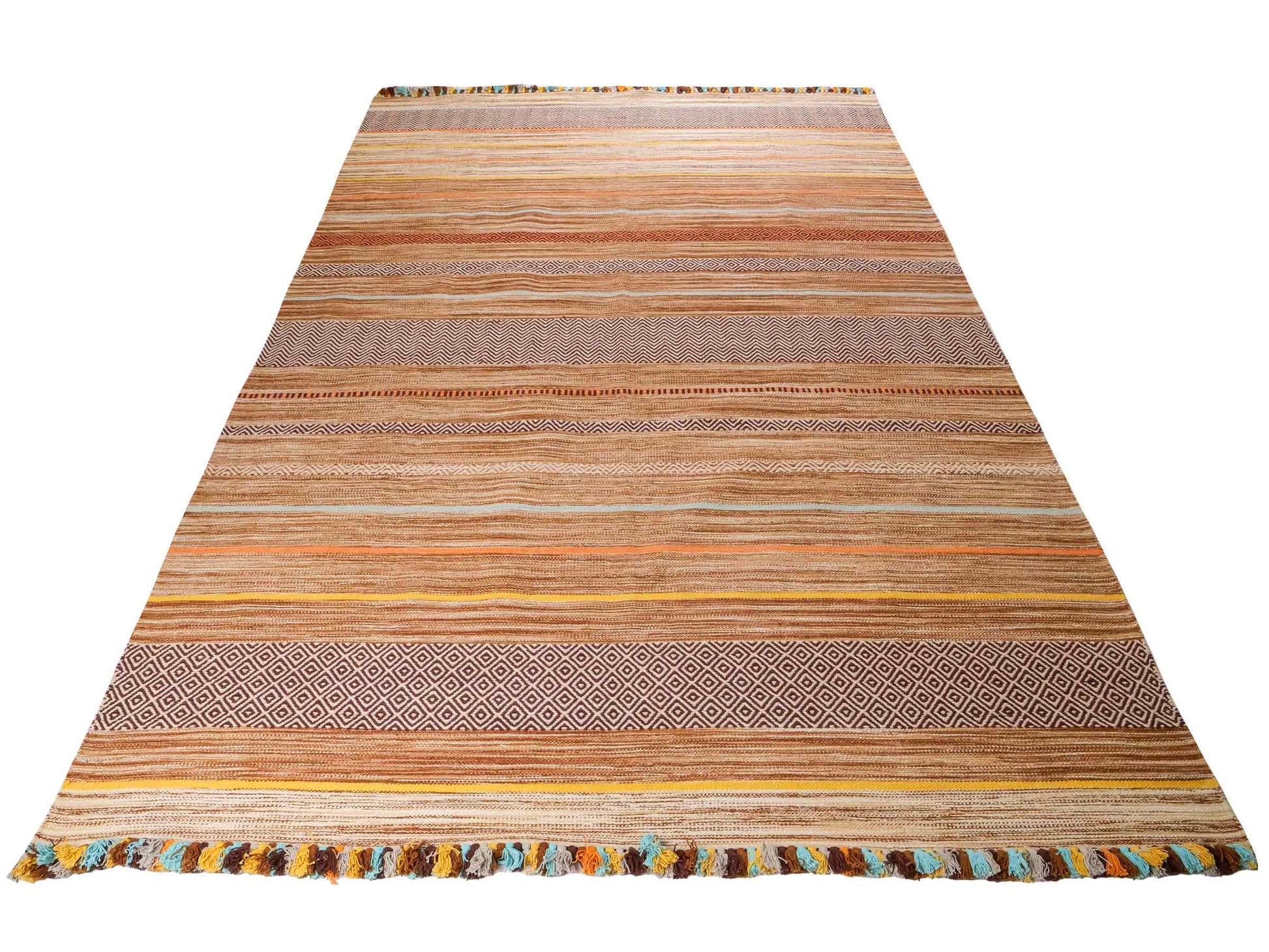 Handgewebter, moderner Indo Kelim Orientteppich von Khademi aus Baumwolle, braun, mehrfarbig. Geometrisches Design. Von Hand gewebt in Indien. Größe: 290x200cm. Teppichnummer: KB4-1693. Verkauf durch Jupiter Intl.