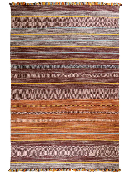Handgewebter, moderner Indo Kelim Orientteppich von Khademi aus Baumwolle, dunkelrot, mehrfarbig. Geometrisches Design. Von Hand gewebt in Indien. Größe: 290x200cm. Teppichnummer: KB4-1695. Verkauf durch Jupiter Intl.