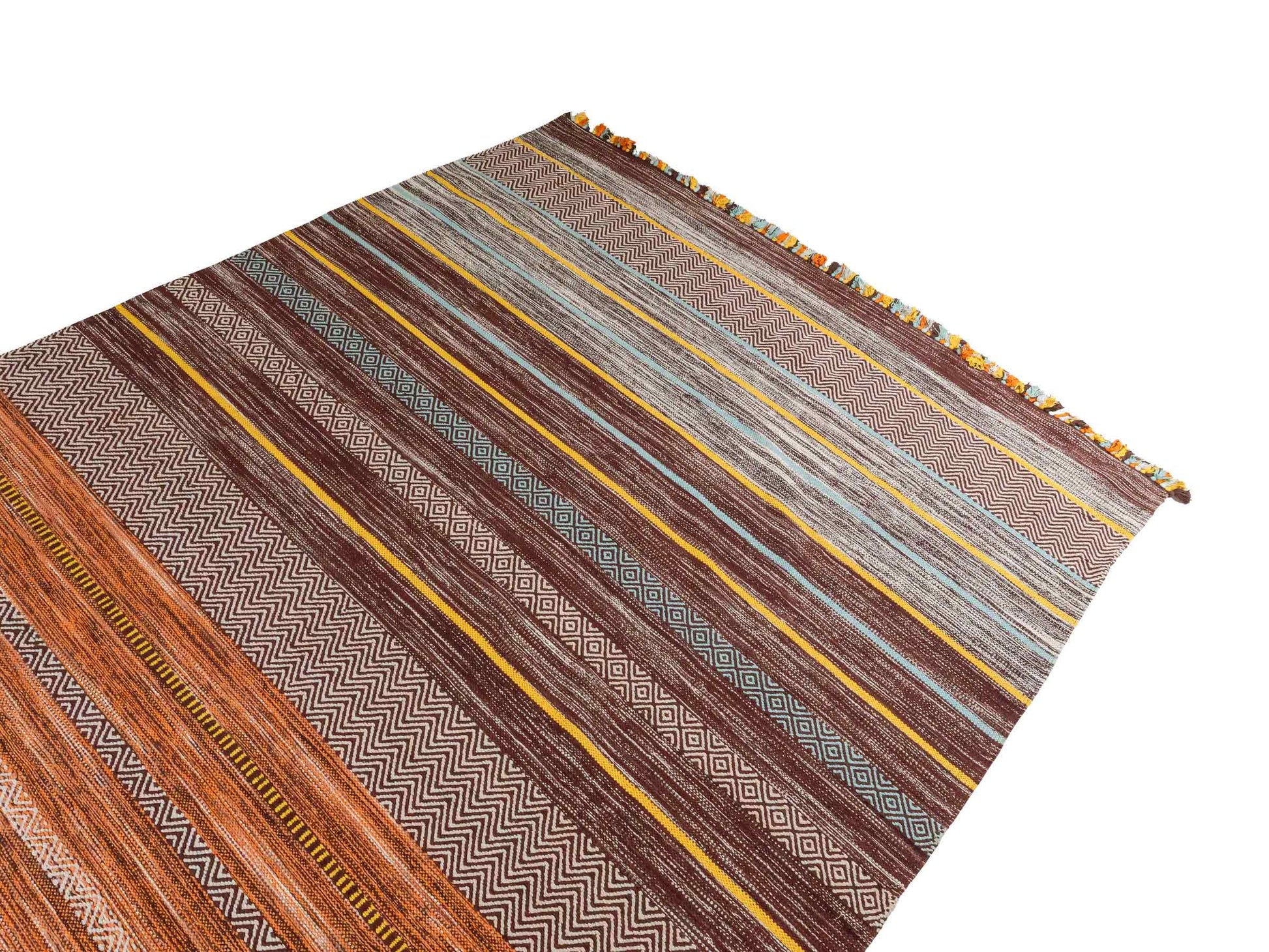 Handgewebter, moderner Indo Kelim Orientteppich von Khademi aus Baumwolle, dunkelrot, mehrfarbig. Geometrisches Design. Von Hand gewebt in Indien. Größe: 290x200cm. Teppichnummer: KB4-1695. Verkauf durch Jupiter Intl.