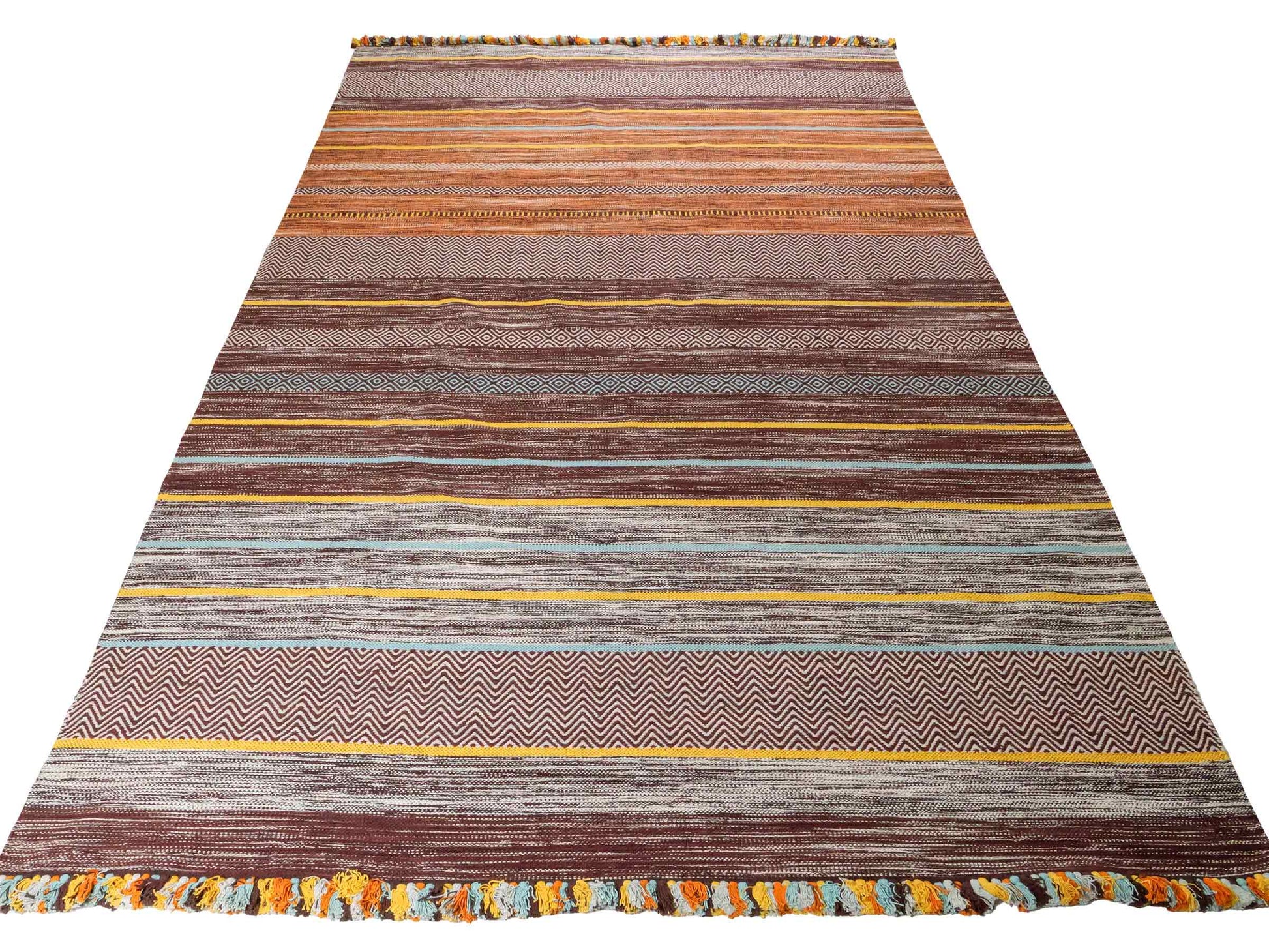 Handgewebter, moderner Indo Kelim Orientteppich von Khademi aus Baumwolle, dunkelrot, mehrfarbig. Geometrisches Design. Von Hand gewebt in Indien. Größe: 290x200cm. Teppichnummer: KB4-1695. Verkauf durch Jupiter Intl.