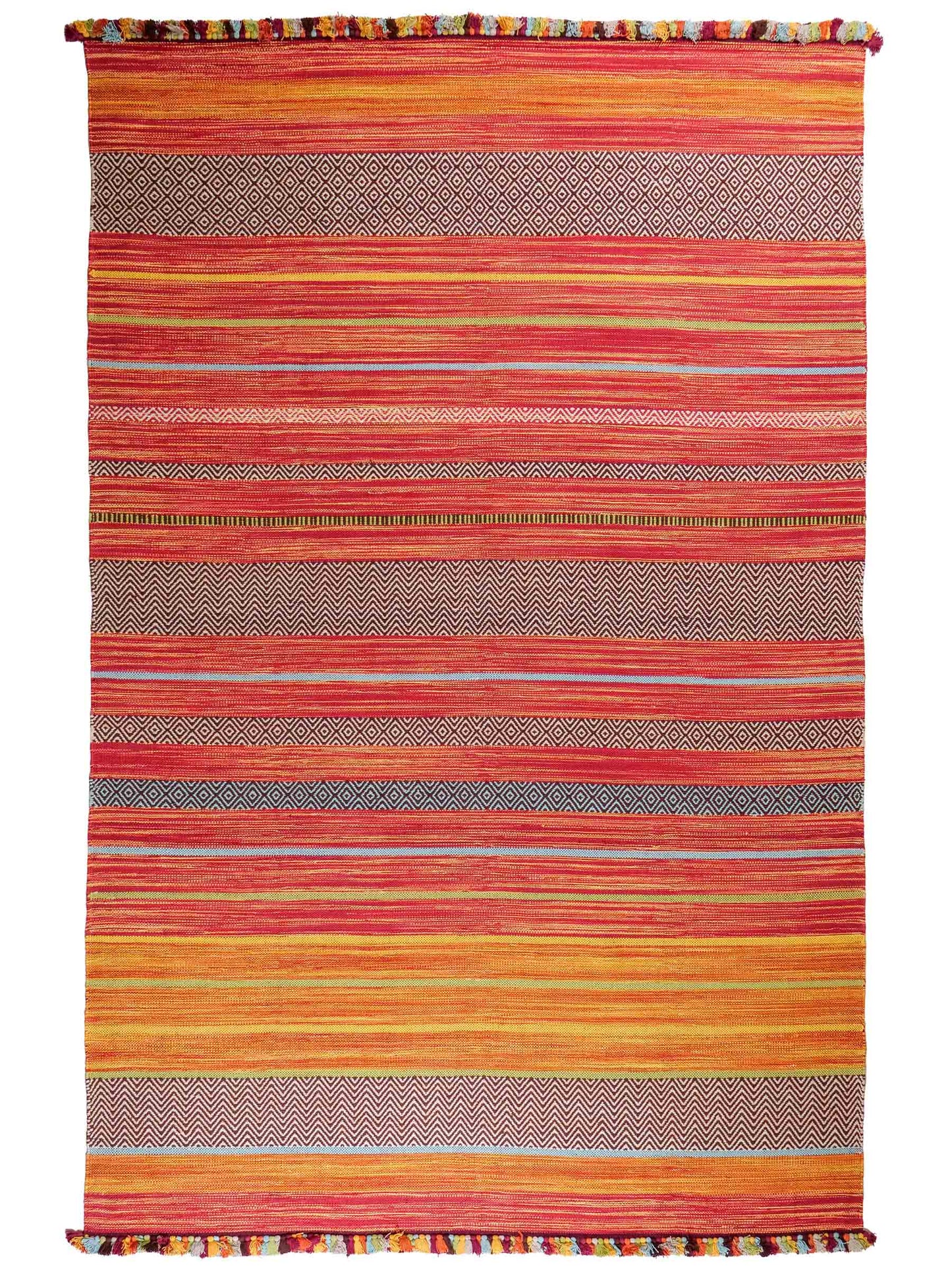 Handgewebter, moderner Indo Kelim Orientteppich von Khademi aus Baumwolle, rot, mehrfarbig. Geometrisches Design. Von Hand gewebt in Indien. Größe: 290x200cm. Teppichnummer: KB4-1694. Verkauf durch Jupiter Intl.