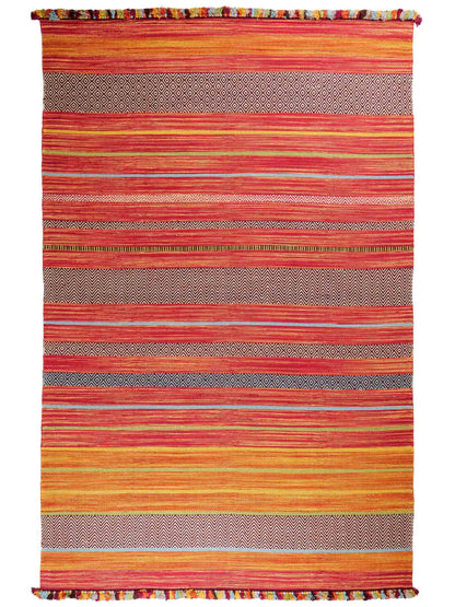 Handgewebter, moderner Indo Kelim Orientteppich von Khademi aus Baumwolle, rot, mehrfarbig. Geometrisches Design. Von Hand gewebt in Indien. Größe: 290x200cm. Teppichnummer: KB4-1694. Verkauf durch Jupiter Intl.