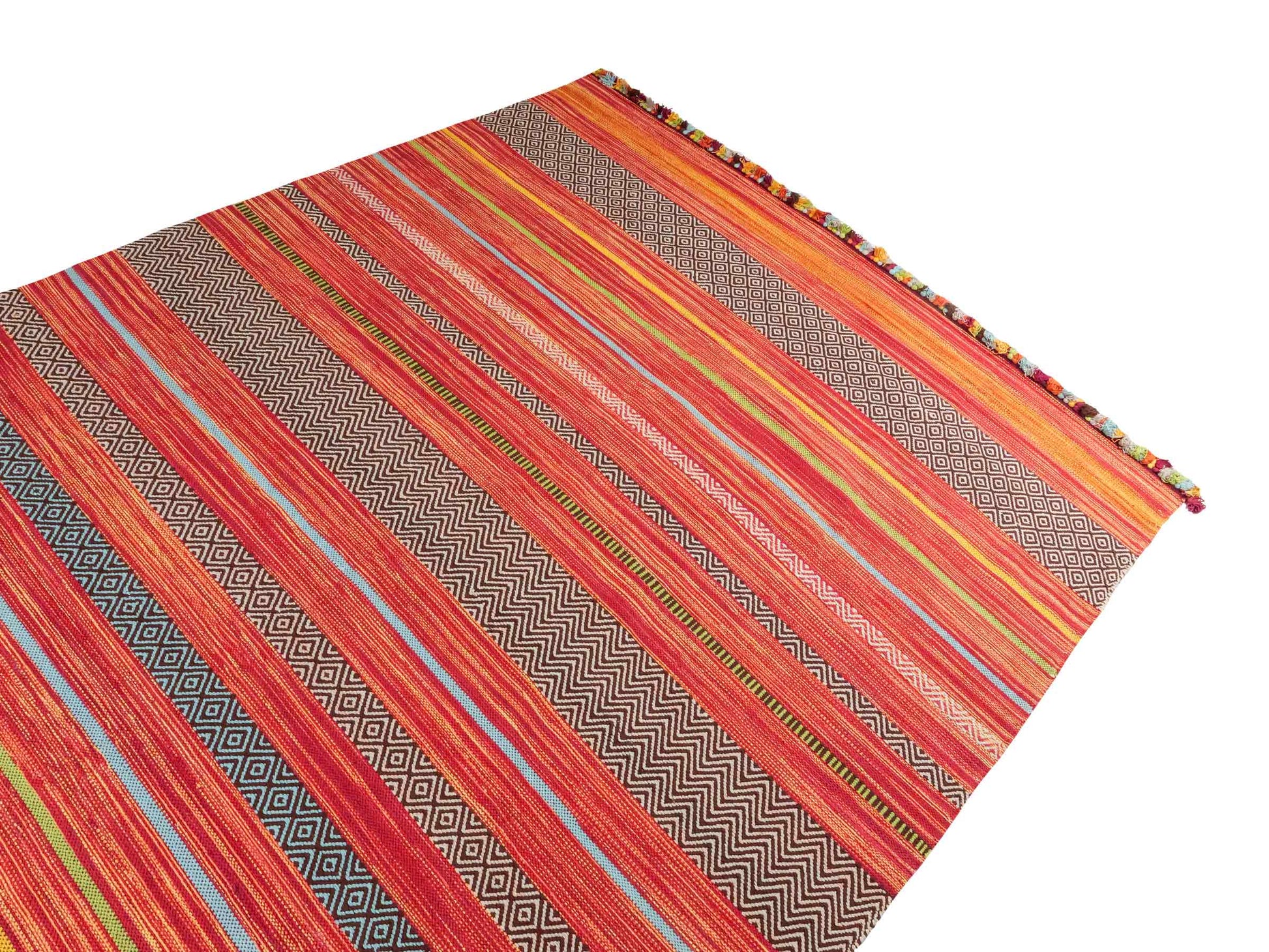 Handgewebter, moderner Indo Kelim Orientteppich von Khademi aus Baumwolle, rot, mehrfarbig. Geometrisches Design. Von Hand gewebt in Indien. Größe: 290x200cm. Teppichnummer: KB4-1694. Verkauf durch Jupiter Intl.