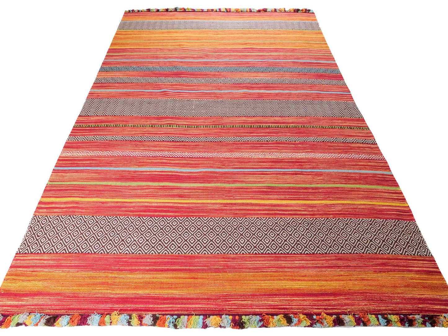 Handgewebter, moderner Indo Kelim Orientteppich von Khademi aus Baumwolle, rot, mehrfarbig. Geometrisches Design. Von Hand gewebt in Indien. Größe: 290x200cm. Teppichnummer: KB4-1694. Verkauf durch Jupiter Intl.