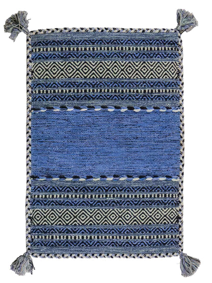 Handgewebter, moderner Indo Kelim Orientteppich von Khademi aus Baumwolle, blau. Geometrisches Design. Von Hand gewebt in Indien. Größe: 90x60cm. Teppichnummer: KB4-1640. Verkauf durch Jupiter Intl.