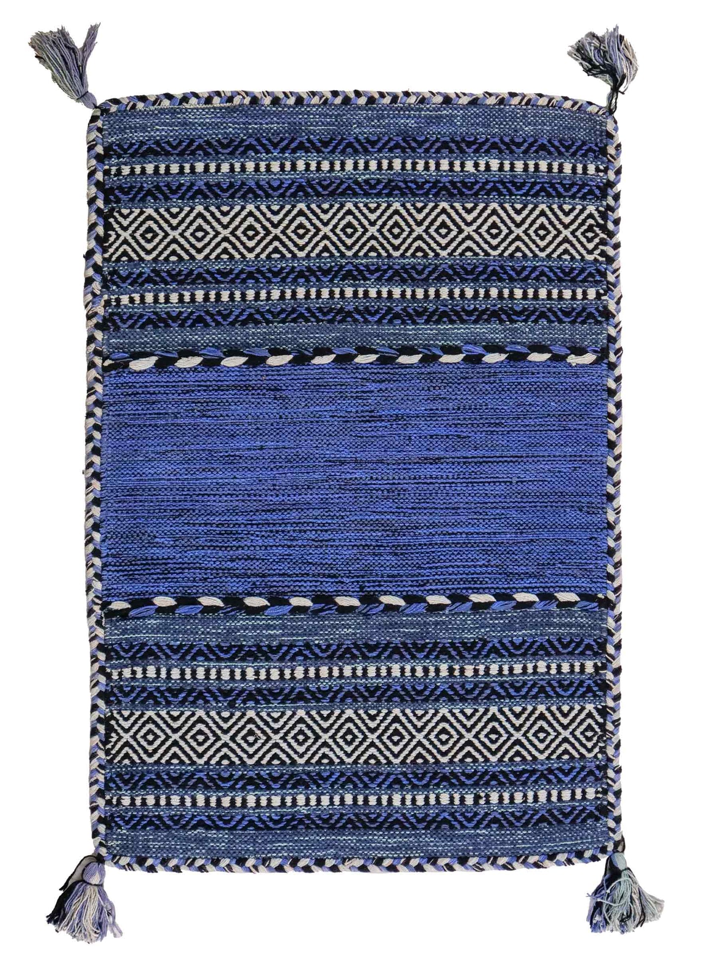 Handgewebter, moderner Indo Kelim Orientteppich von Khademi aus Baumwolle, blau. Geometrisches Design. Von Hand gewebt in Indien. Größe: 90x60cm. Teppichnummer: KB4-1641. Verkauf durch Jupiter Intl.