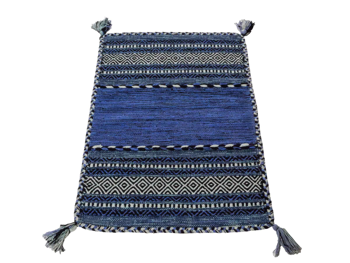 Handgewebter, moderner Indo Kelim Orientteppich von Khademi aus Baumwolle, blau. Geometrisches Design. Von Hand gewebt in Indien. Größe: 90x60cm. Teppichnummer: KB4-1641. Verkauf durch Jupiter Intl.