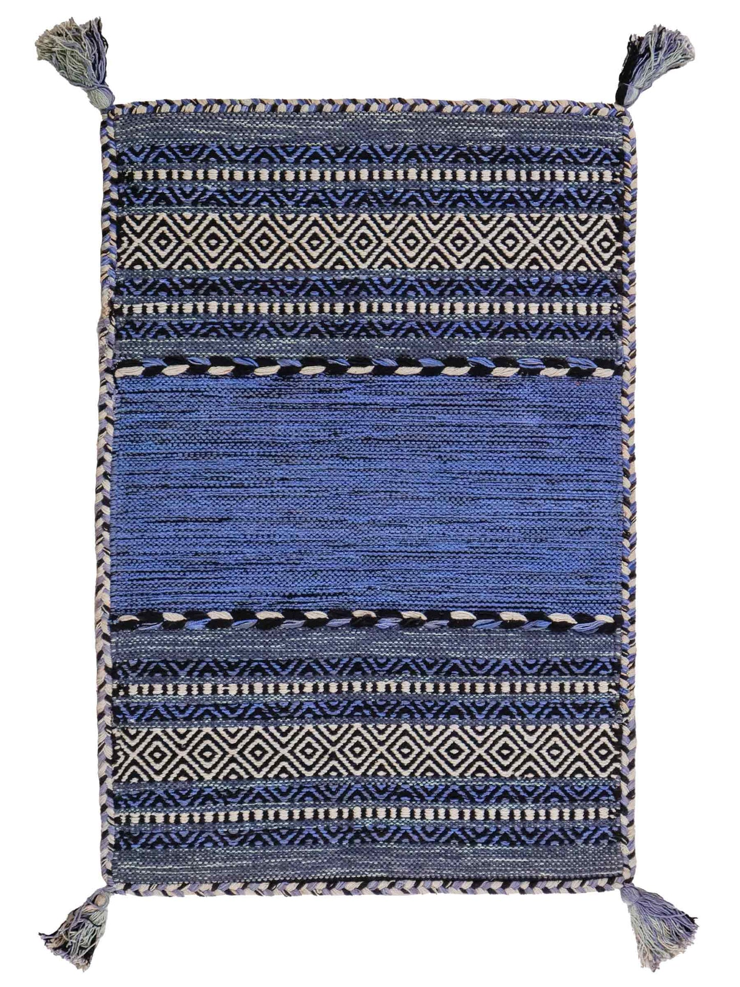 Handgewebter, moderner Indo Kelim Orientteppich von Khademi aus Baumwolle, blau. Geometrisches Design. Von Hand gewebt in Indien. Größe: 90x60cm. Teppichnummer: KB4-1642. Verkauf durch Jupiter Intl.