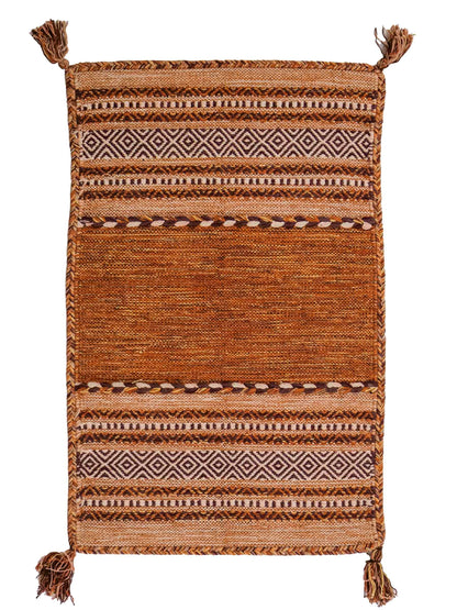 Handgewebter, moderner Indo Kelim Orientteppich von Khademi aus Baumwolle, braun. Geometrisches Design. Von Hand gewebt in Indien. Größe: 90x60cm. Teppichnummer: KB4-1637. Verkauf durch Jupiter Intl.