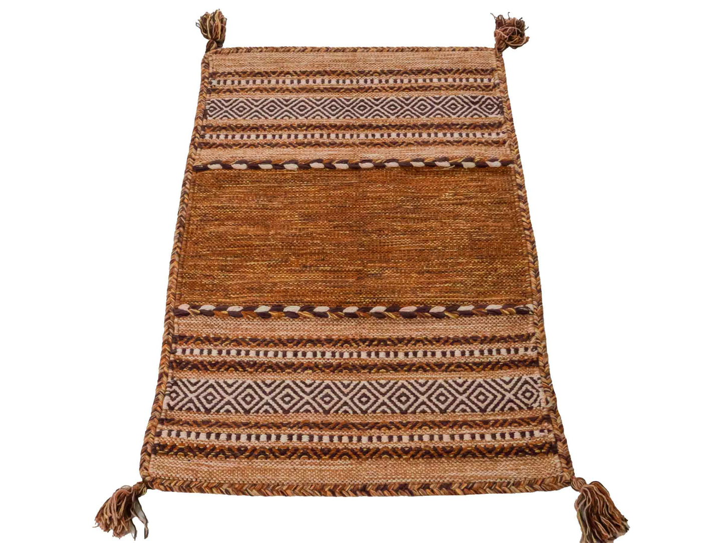 Handgewebter, moderner Indo Kelim Orientteppich von Khademi aus Baumwolle, braun. Geometrisches Design. Von Hand gewebt in Indien. Größe: 90x60cm. Teppichnummer: KB4-1637. Verkauf durch Jupiter Intl.