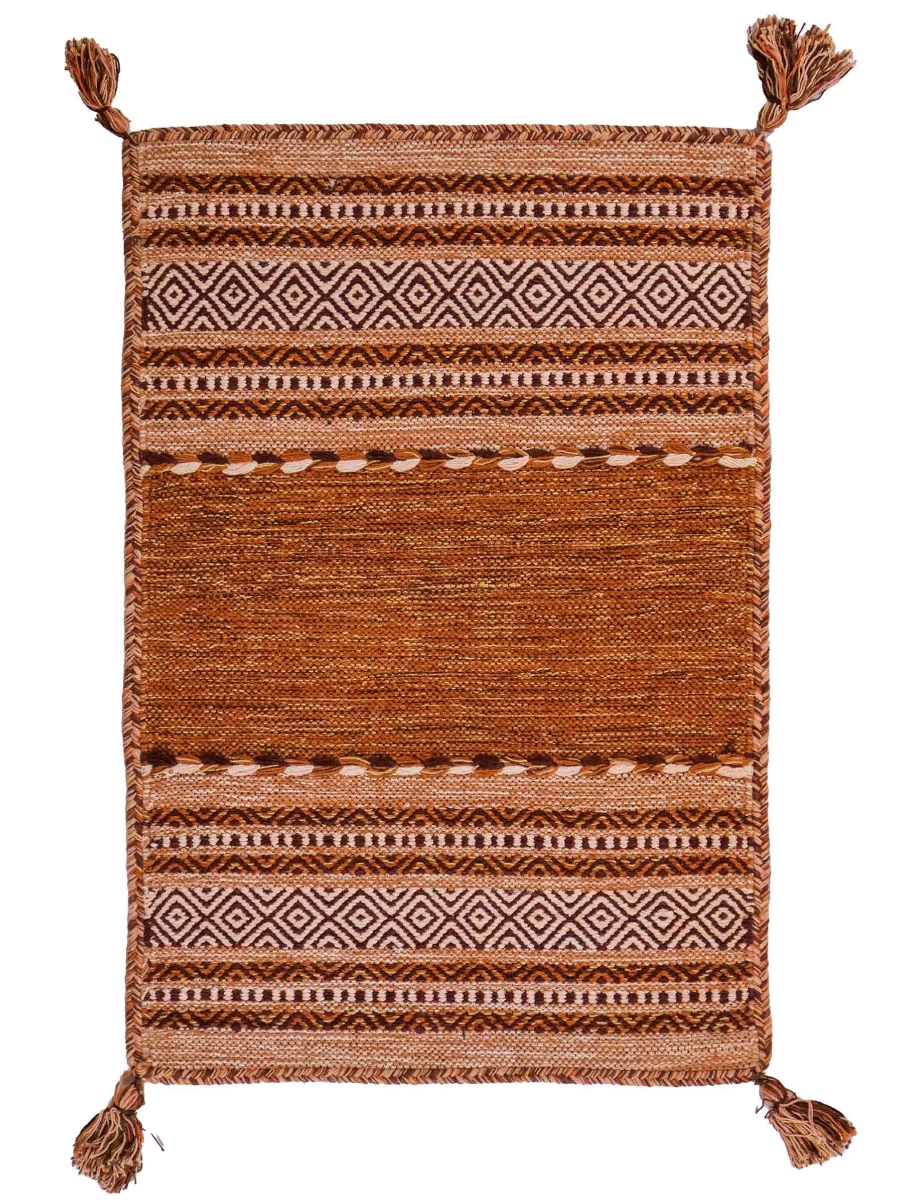 Handgewebter, moderner Indo Kelim Orientteppich von Khademi aus Baumwolle, braun. Geometrisches Design. Von Hand gewebt in Indien. Größe: 90x60cm. Teppichnummer: KB4-1639. Verkauf durch Jupiter Intl.