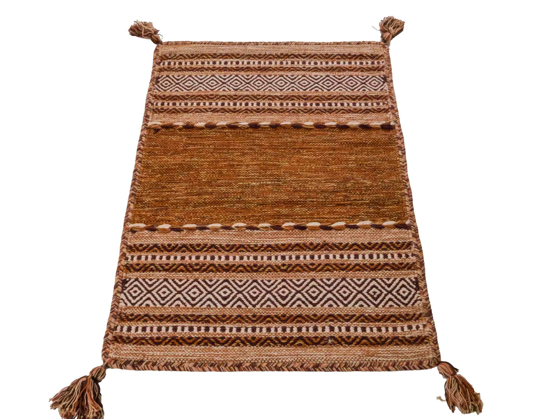 Handgewebter, moderner Indo Kelim Orientteppich von Khademi aus Baumwolle, braun. Geometrisches Design. Von Hand gewebt in Indien. Größe: 90x60cm. Teppichnummer: KB4-1639. Verkauf durch Jupiter Intl.