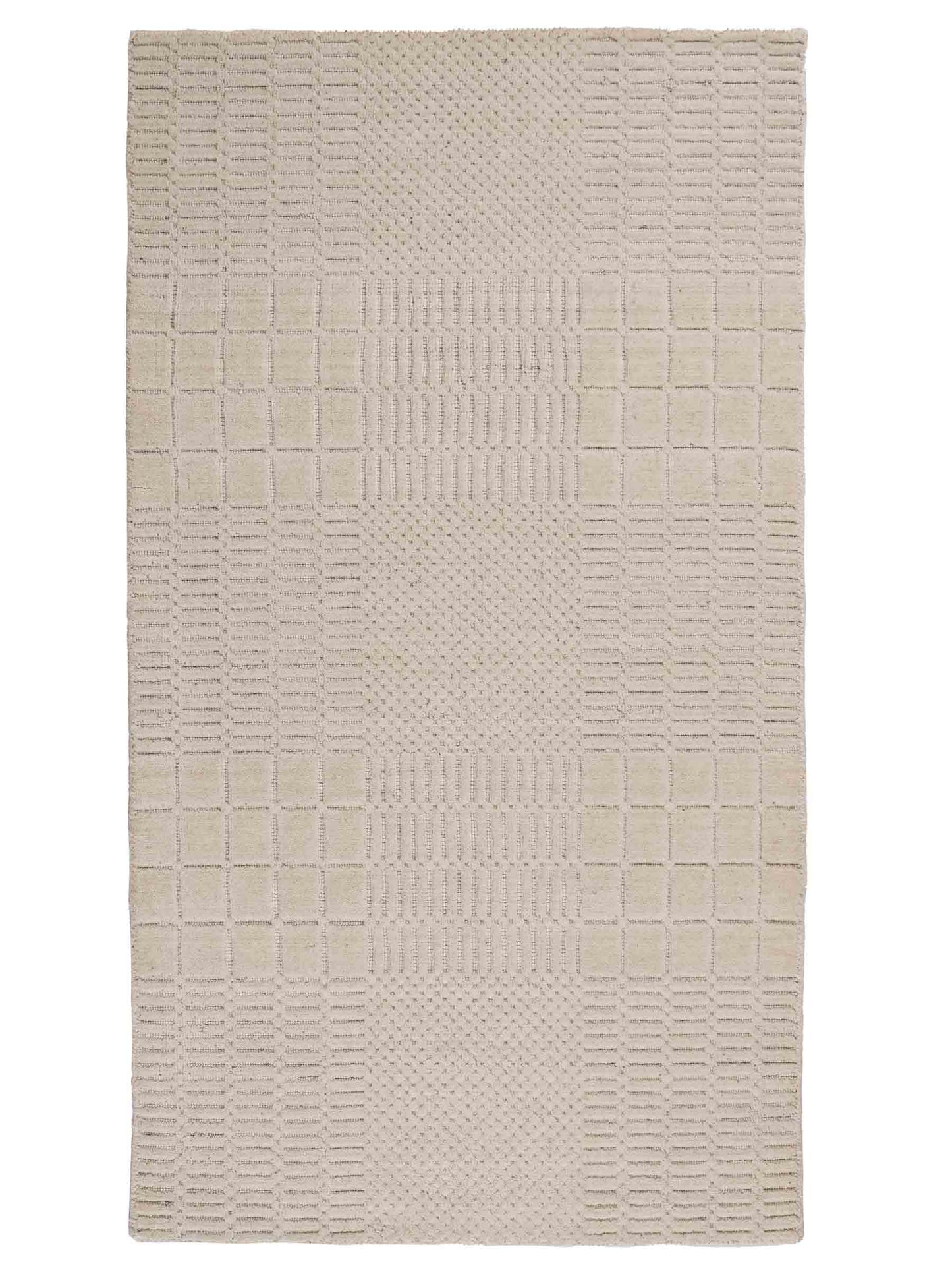 Moderner, Handloom Lori Orientteppich von Khademi aus Wolle, cremeweiß. Geometrisches Design. Produziert in Indien. Größe: 152x83cm. Teppichnummer: KB4-1523. Verkauf durch Jupiter Intl.