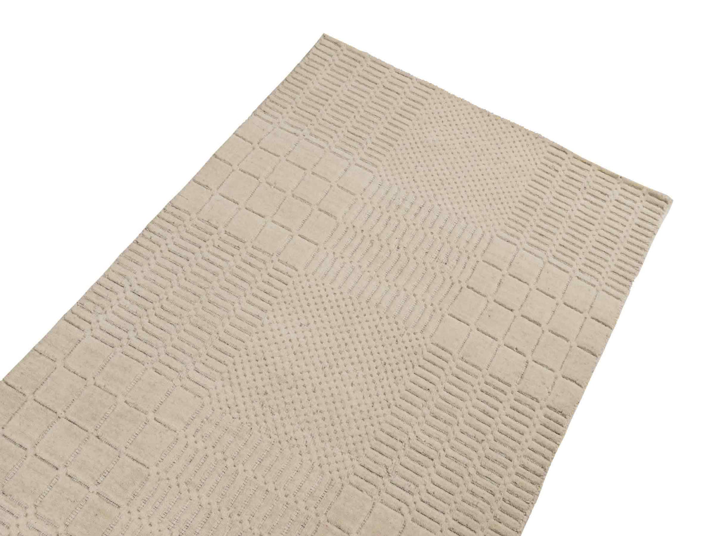 Moderner, Handloom Lori Orientteppich von Khademi aus Wolle, cremeweiß. Geometrisches Design. Produziert in Indien. Größe: 152x83cm. Teppichnummer: KB4-1523. Verkauf durch Jupiter Intl.