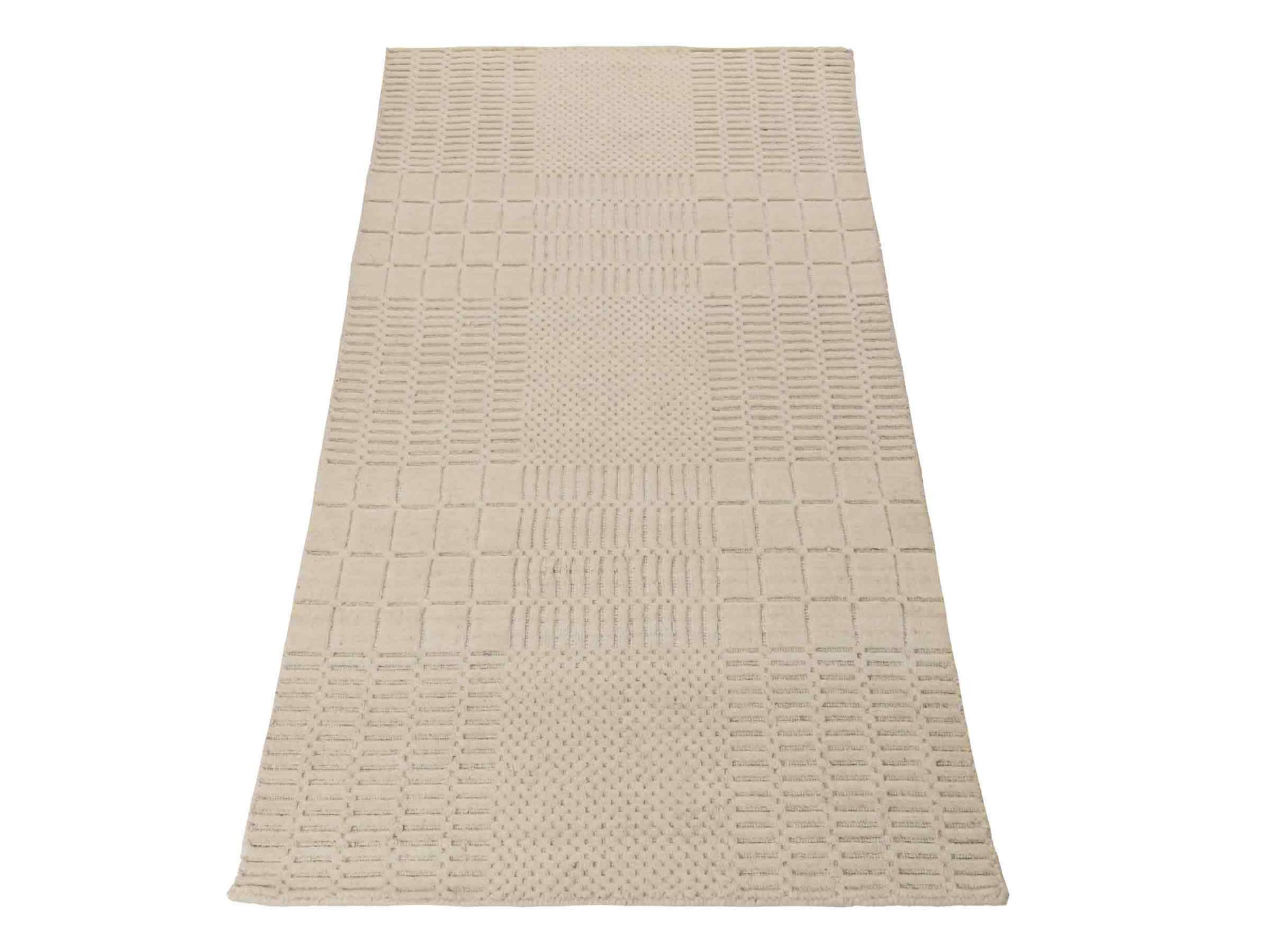 Moderner, Handloom Lori Orientteppich von Khademi aus Wolle, cremeweiß. Geometrisches Design. Produziert in Indien. Größe: 152x83cm. Teppichnummer: KB4-1523. Verkauf durch Jupiter Intl.