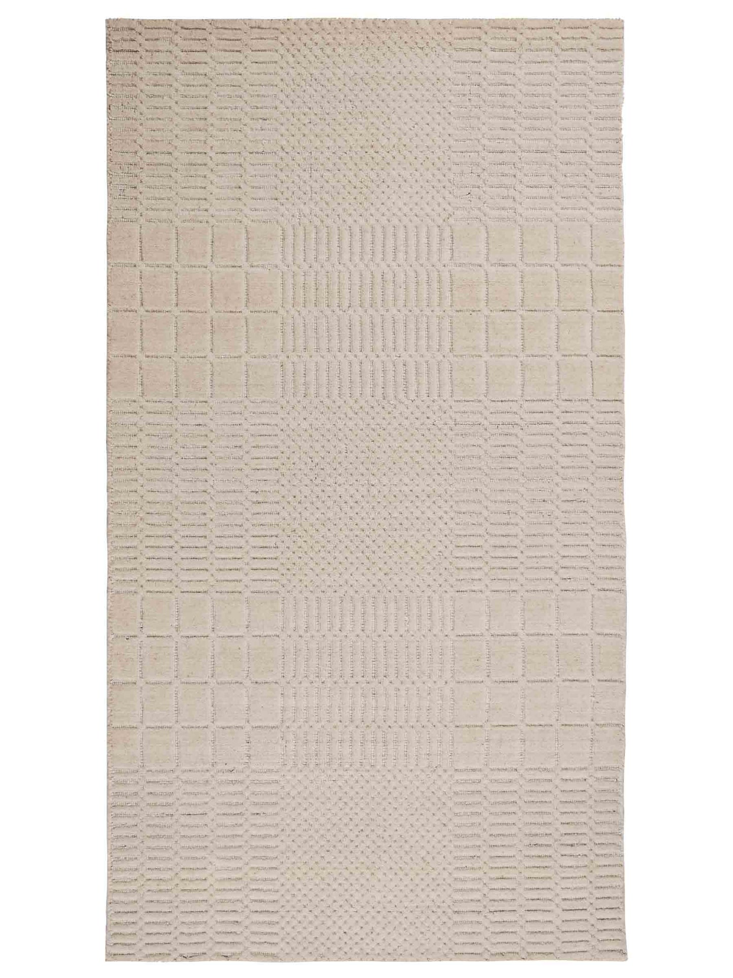 Moderner, Handloom Lori Orientteppich von Khademi aus Wolle, cremeweiß. Geometrisches Design. Produziert in Indien. Größe: 153x83cm. Teppichnummer: KB4-1528. Verkauf durch Jupiter Intl.