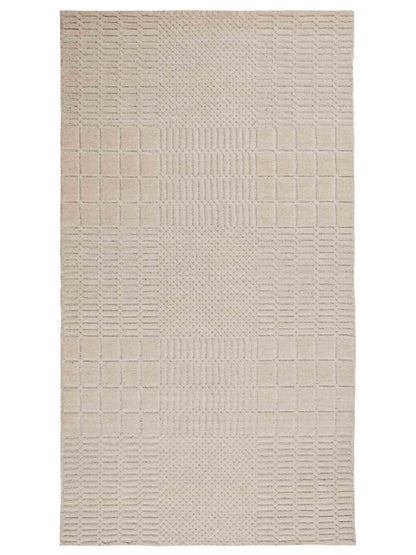 Moderner, Handloom Lori Orientteppich von Khademi aus Wolle, cremeweiß. Geometrisches Design. Produziert in Indien. Größe: 153x83cm. Teppichnummer: KB4-1528. Verkauf durch Jupiter Intl.