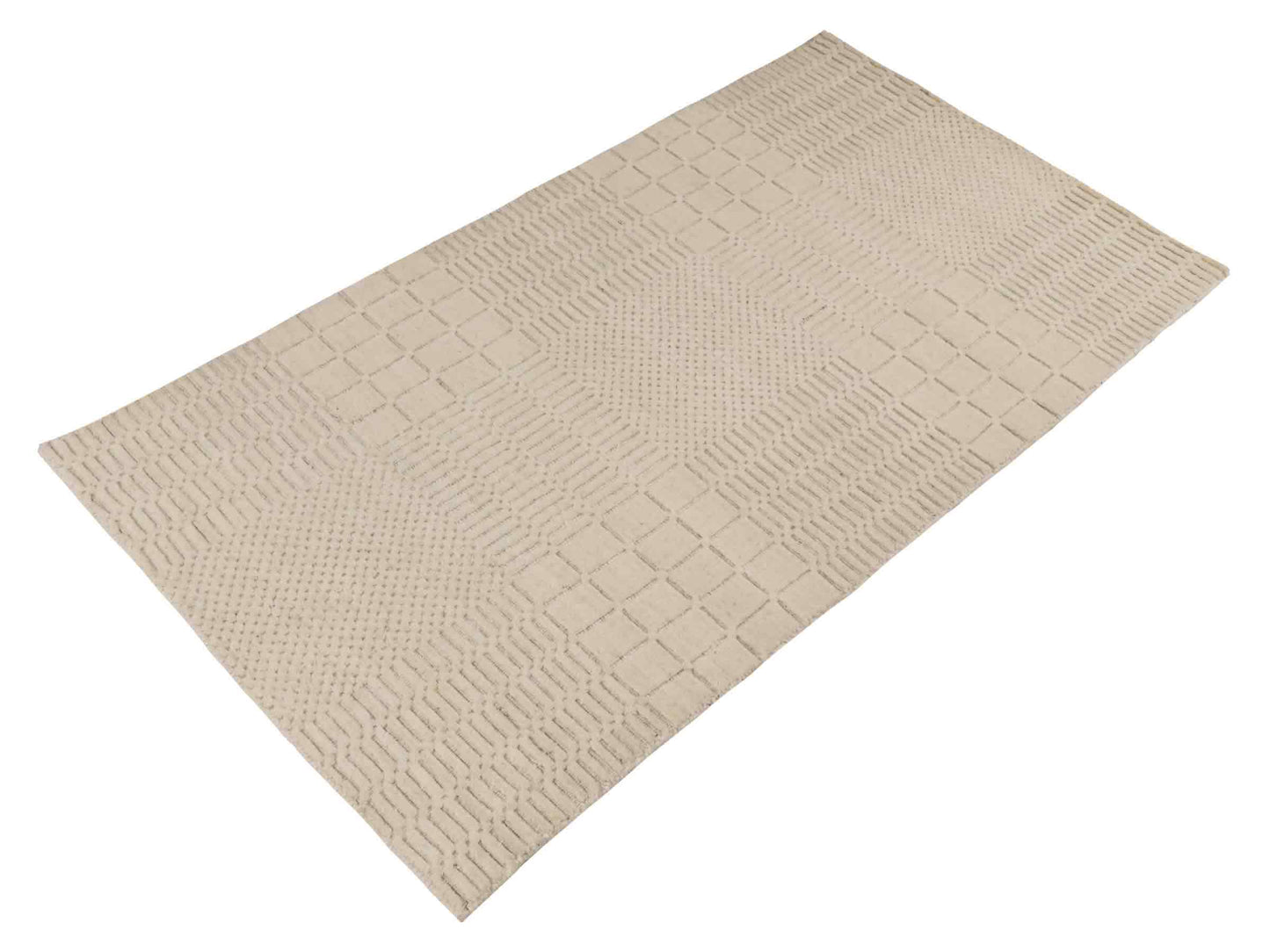 Moderner, Handloom Lori Orientteppich von Khademi aus Wolle, cremeweiß. Geometrisches Design. Produziert in Indien. Größe: 153x83cm. Teppichnummer: KB4-1528. Verkauf durch Jupiter Intl.