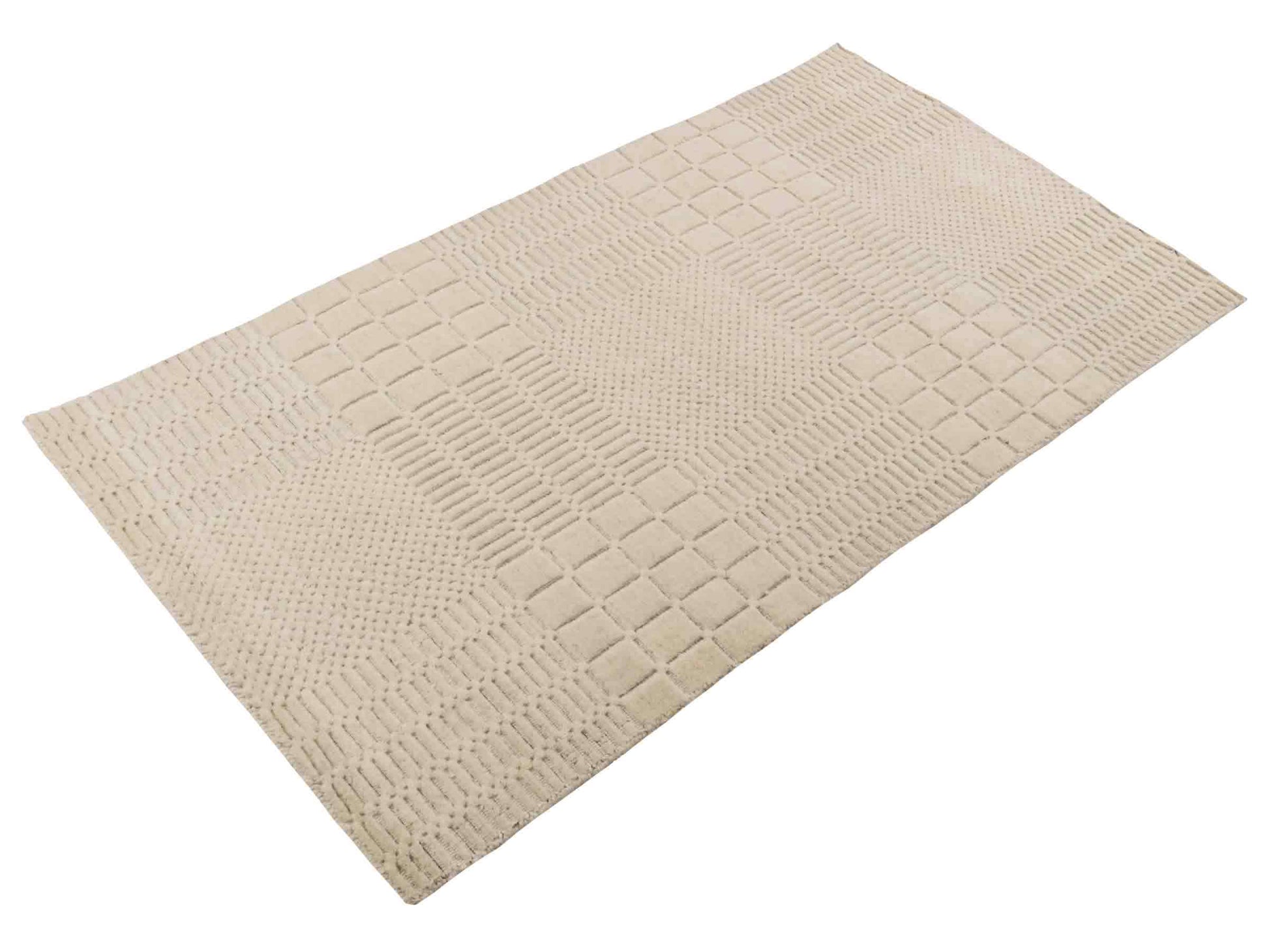 Moderner, Handloom Lori Orientteppich von Khademi aus Wolle, cremeweiß. Geometrisches Design. Produziert in Indien. Größe: 153x83cm. Teppichnummer: KB4-1528. Verkauf durch Jupiter Intl.