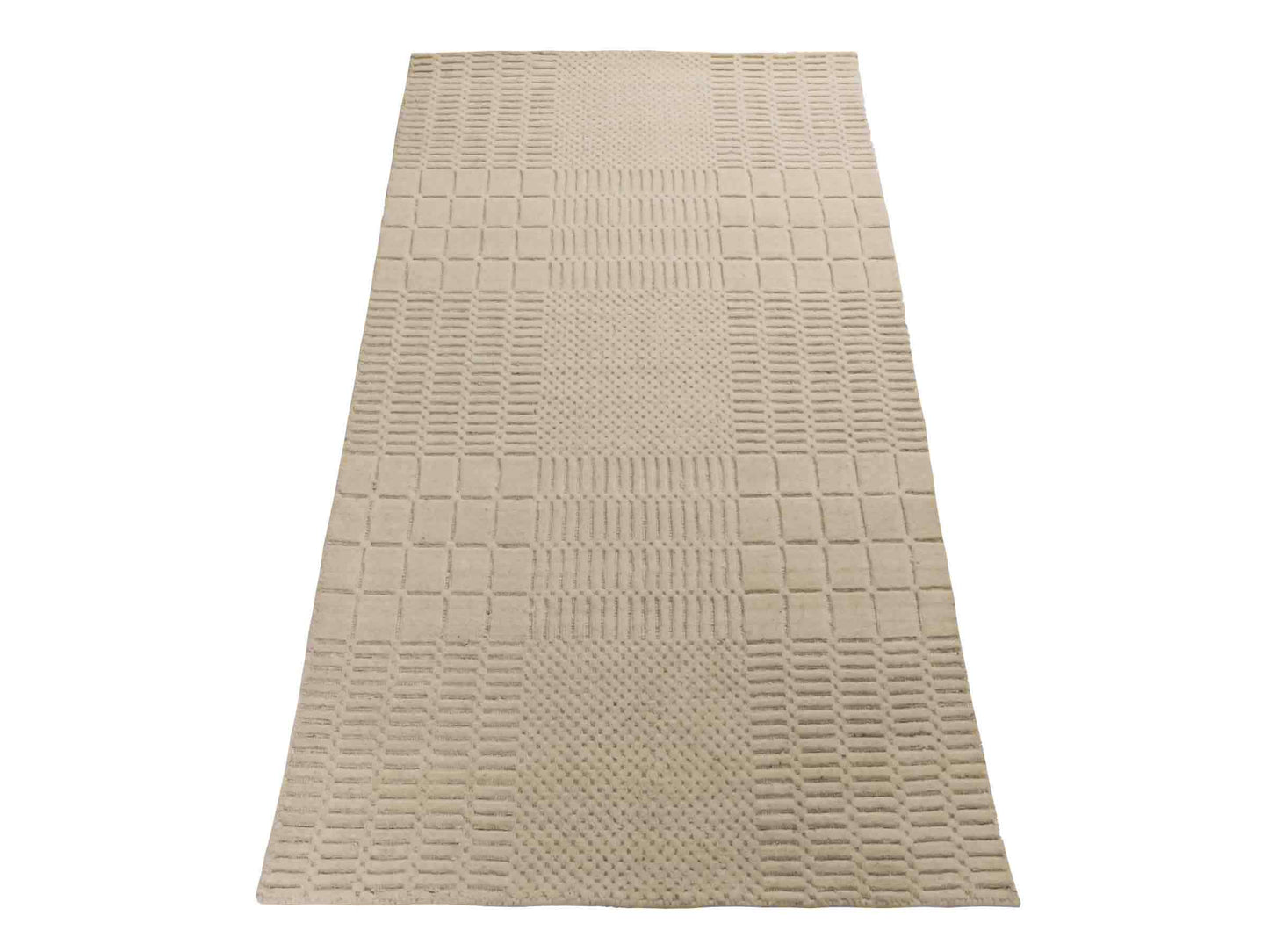 Moderner, Handloom Lori Orientteppich von Khademi aus Wolle, cremeweiß. Geometrisches Design. Produziert in Indien. Größe: 153x83cm. Teppichnummer: KB4-1528. Verkauf durch Jupiter Intl.