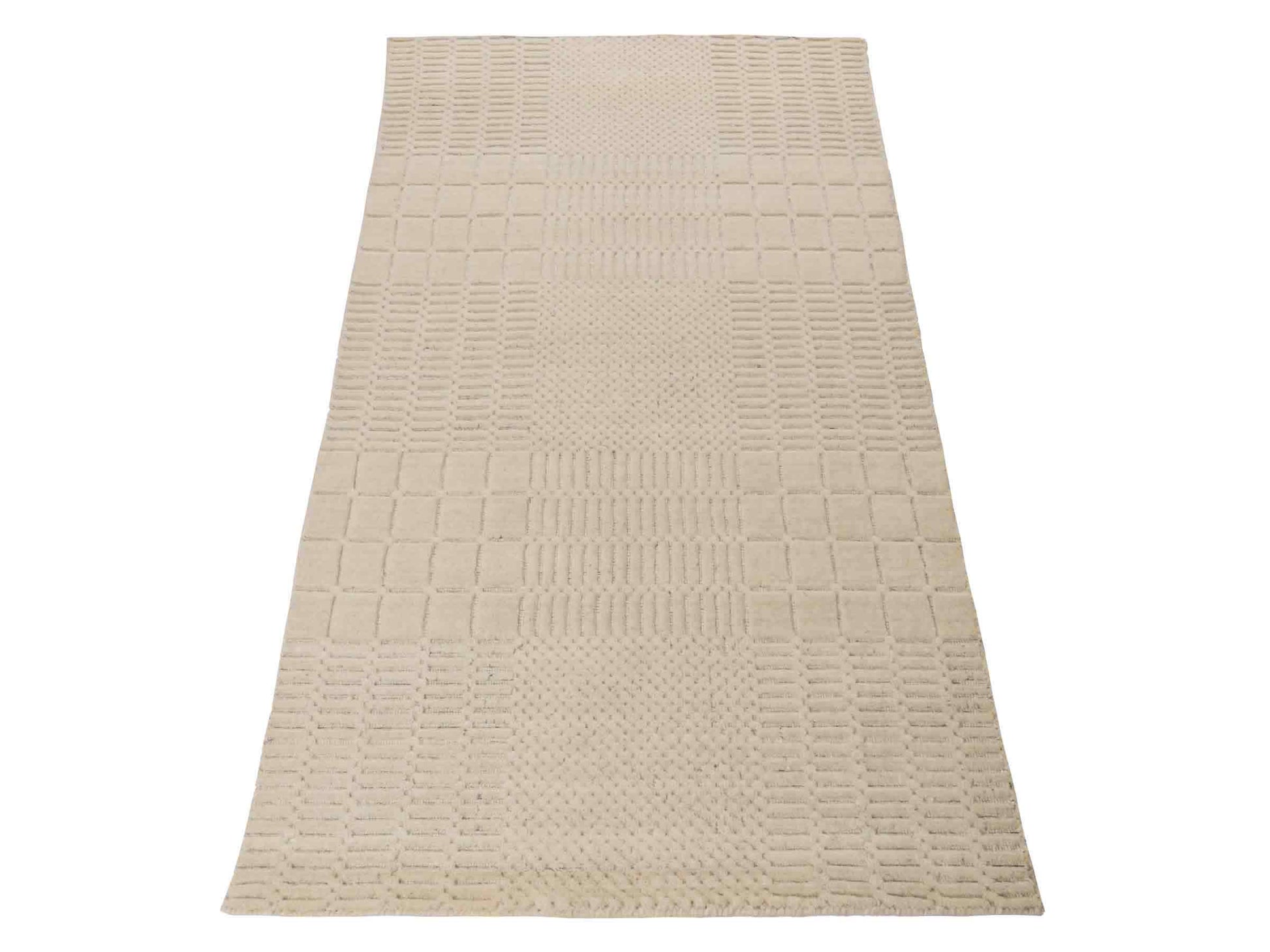 Moderner, Handloom Lori Orientteppich von Khademi aus Wolle, cremeweiß. Geometrisches Design. Produziert in Indien. Größe: 153x83cm. Teppichnummer: KB4-1528. Verkauf durch Jupiter Intl.