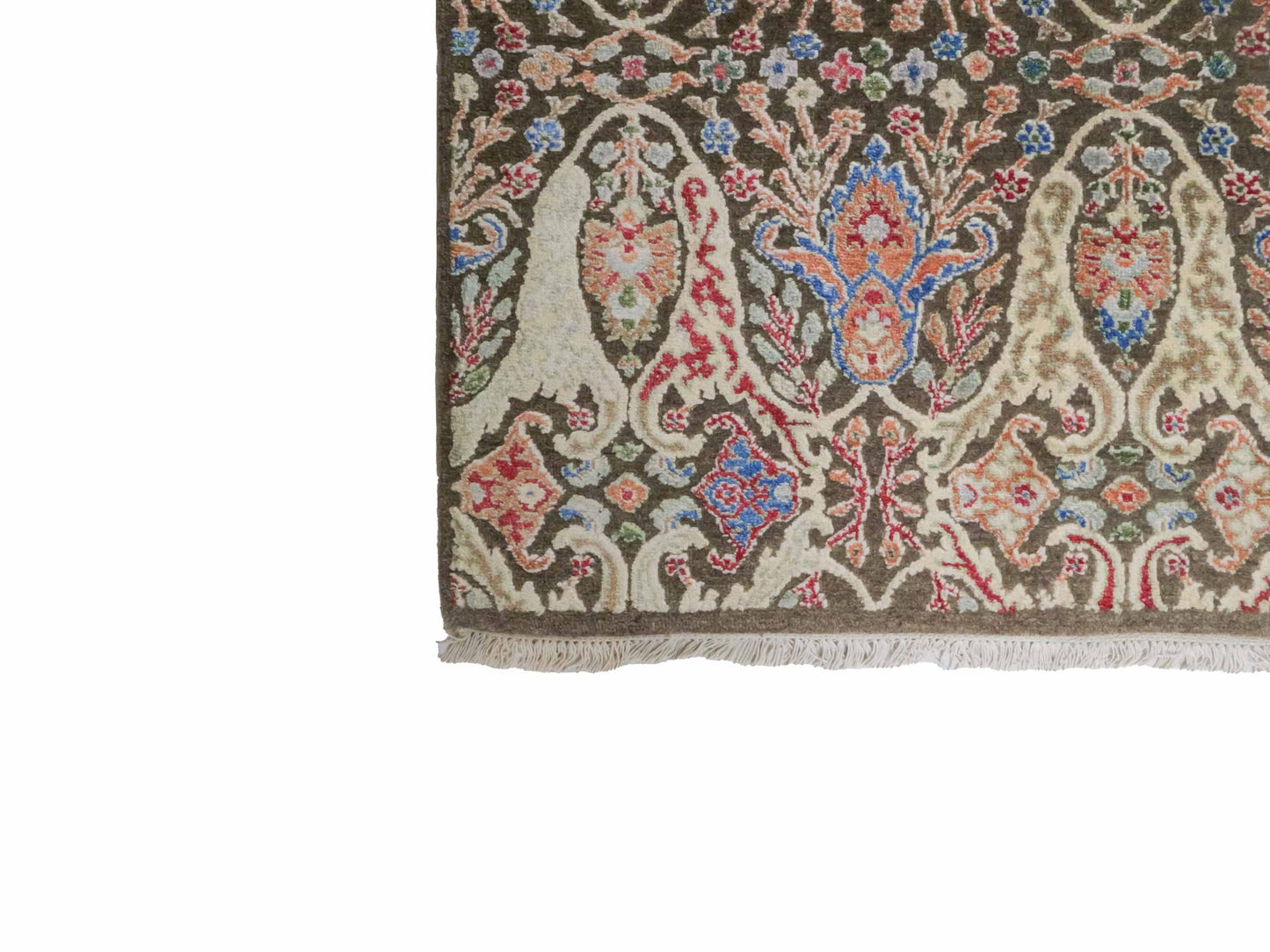 Handgeknüpfter Designer Oushak Orientteppich von Khademi aus Wolle mit Viskose, grün, mehrfarbig. Modernes Vintage-Design. Von Hand geknüpft in Indien. Größe: 177x121cm. Teppichnummer: KB4-1629. Verkauf durch Jupiter Intl.