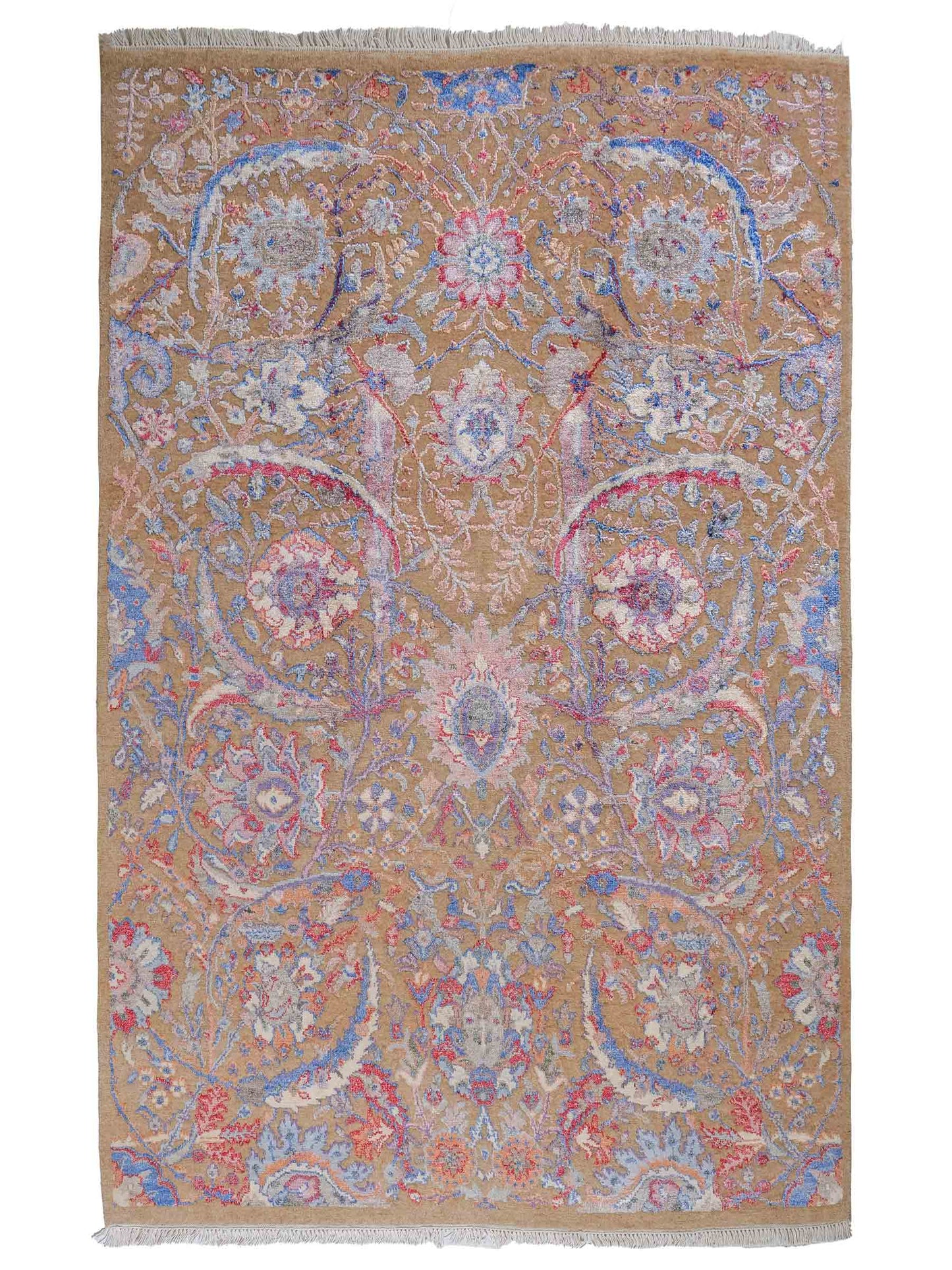 Handgeknüpfter Designer Oushak Orientteppich von Khademi aus Wolle mit Viskose, grün, mehrfarbig. Modernes Vintage-Design. Von Hand geknüpft in Indien. Größe: 196x142cm. Teppichnummer: KB4-1626. Verkauf durch Jupiter Intl.