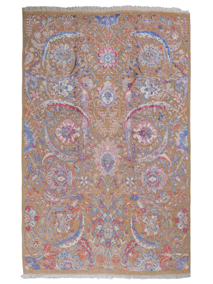 Handgeknüpfter Designer Oushak Orientteppich von Khademi aus Wolle mit Viskose, grün, mehrfarbig. Modernes Vintage-Design. Von Hand geknüpft in Indien. Größe: 196x142cm. Teppichnummer: KB4-1626. Verkauf durch Jupiter Intl.