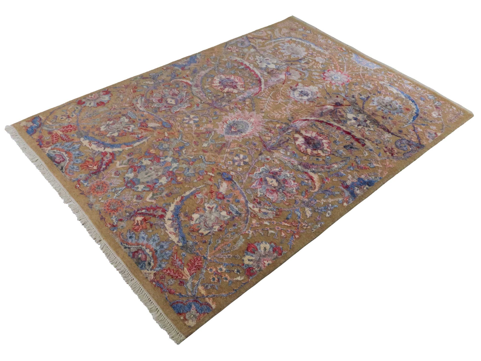 Handgeknüpfter Designer Oushak Orientteppich von Khademi aus Wolle mit Viskose, grün, mehrfarbig. Modernes Vintage-Design. Von Hand geknüpft in Indien. Größe: 196x142cm. Teppichnummer: KB4-1626. Verkauf durch Jupiter Intl.