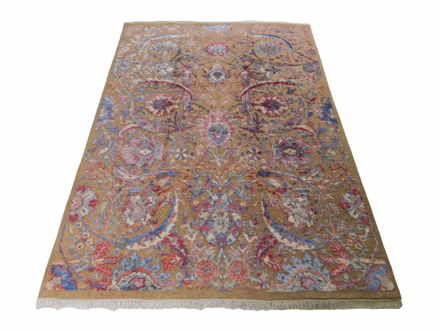 Handgeknüpfter Designer Oushak Orientteppich von Khademi aus Wolle mit Viskose, grün, mehrfarbig. Modernes Vintage-Design. Von Hand geknüpft in Indien. Größe: 196x142cm. Teppichnummer: KB4-1626. Verkauf durch Jupiter Intl.