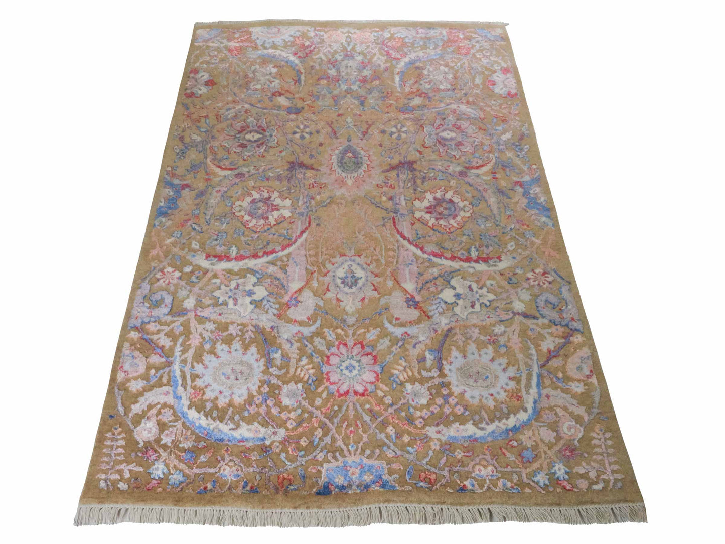 Handgeknüpfter Designer Oushak Orientteppich von Khademi aus Wolle mit Viskose, grün, mehrfarbig. Modernes Vintage-Design. Von Hand geknüpft in Indien. Größe: 196x142cm. Teppichnummer: KB4-1626. Verkauf durch Jupiter Intl.