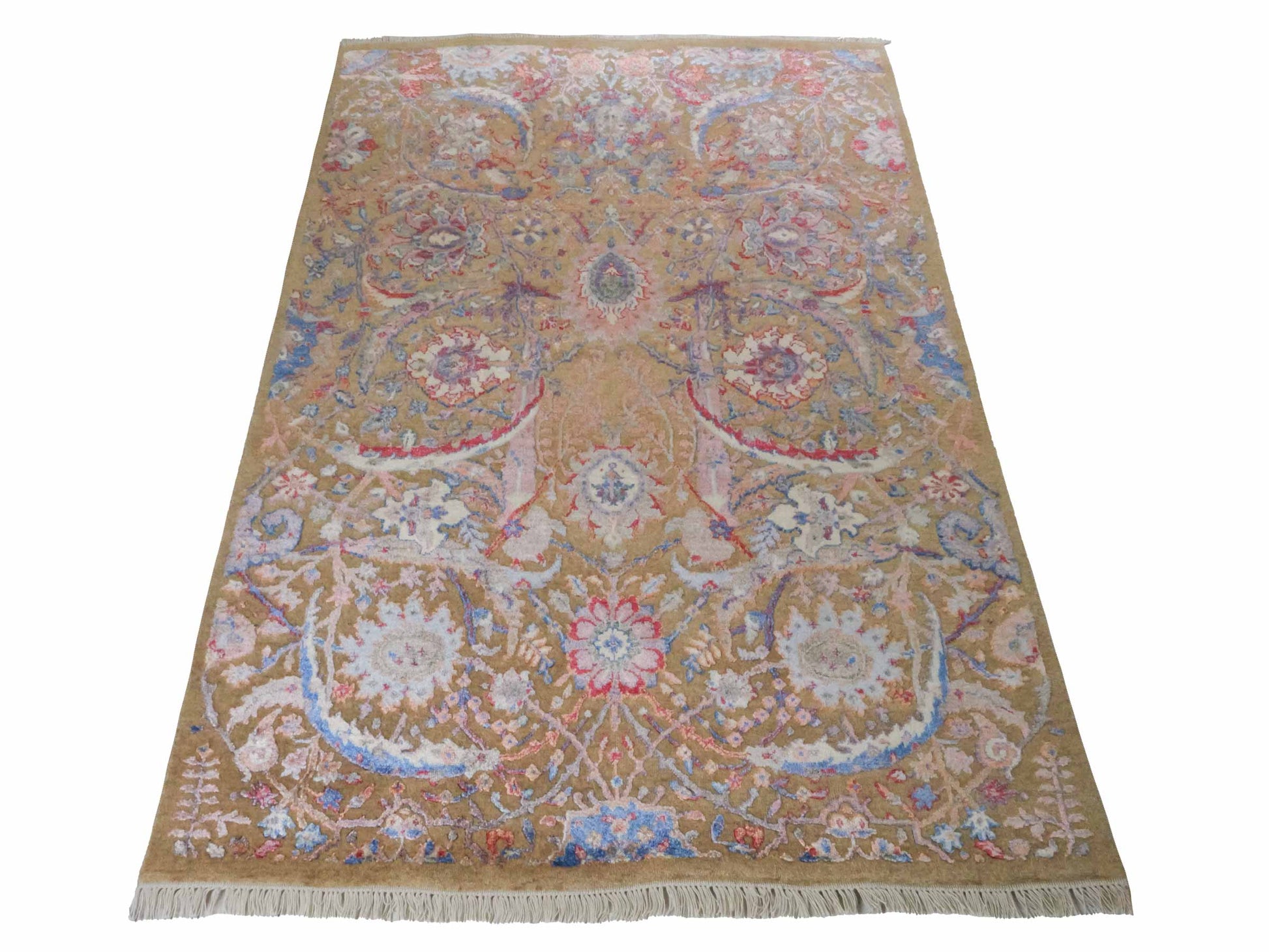 Handgeknüpfter Designer Oushak Orientteppich von Khademi aus Wolle mit Viskose, grün, mehrfarbig. Modernes Vintage-Design. Von Hand geknüpft in Indien. Größe: 196x142cm. Teppichnummer: KB4-1626. Verkauf durch Jupiter Intl.