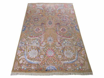 Handgeknüpfter Designer Oushak Orientteppich von Khademi aus Wolle mit Viskose, grün, mehrfarbig. Modernes Vintage-Design. Von Hand geknüpft in Indien. Größe: 196x142cm. Teppichnummer: KB4-1626. Verkauf durch Jupiter Intl.